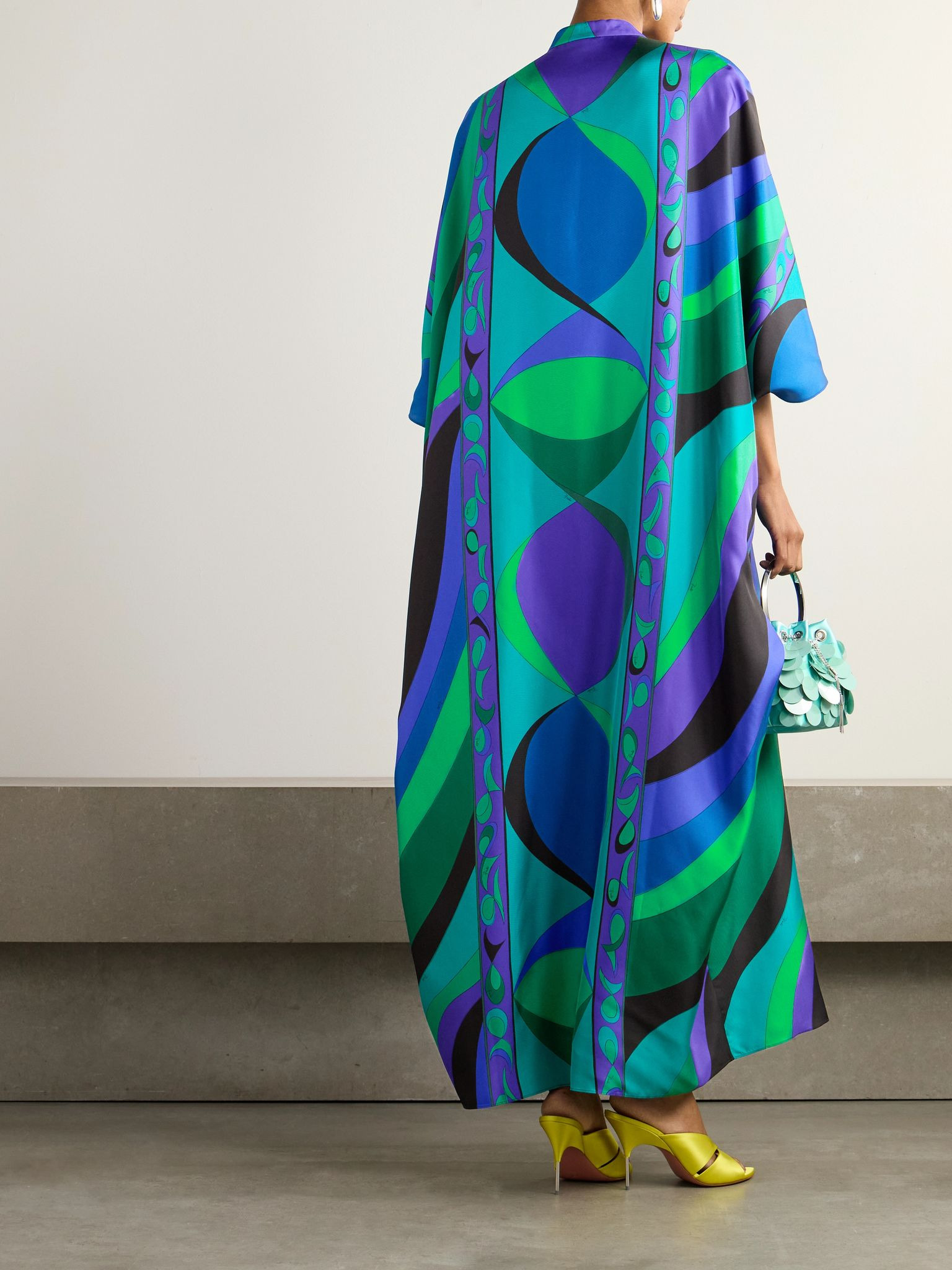 Embellished printed silk-twill kaftan Blue - 3