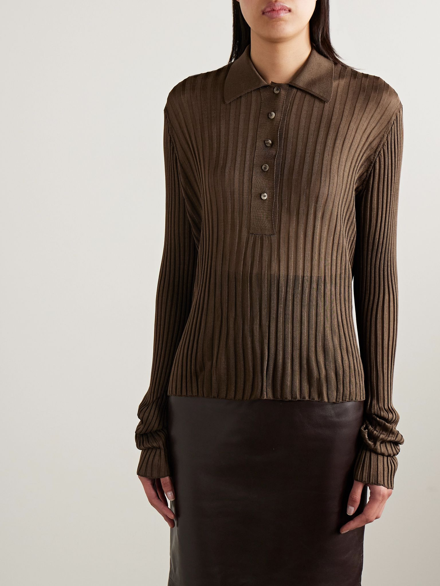 Vin ribbed-knit polo shirt Dark brown - 3