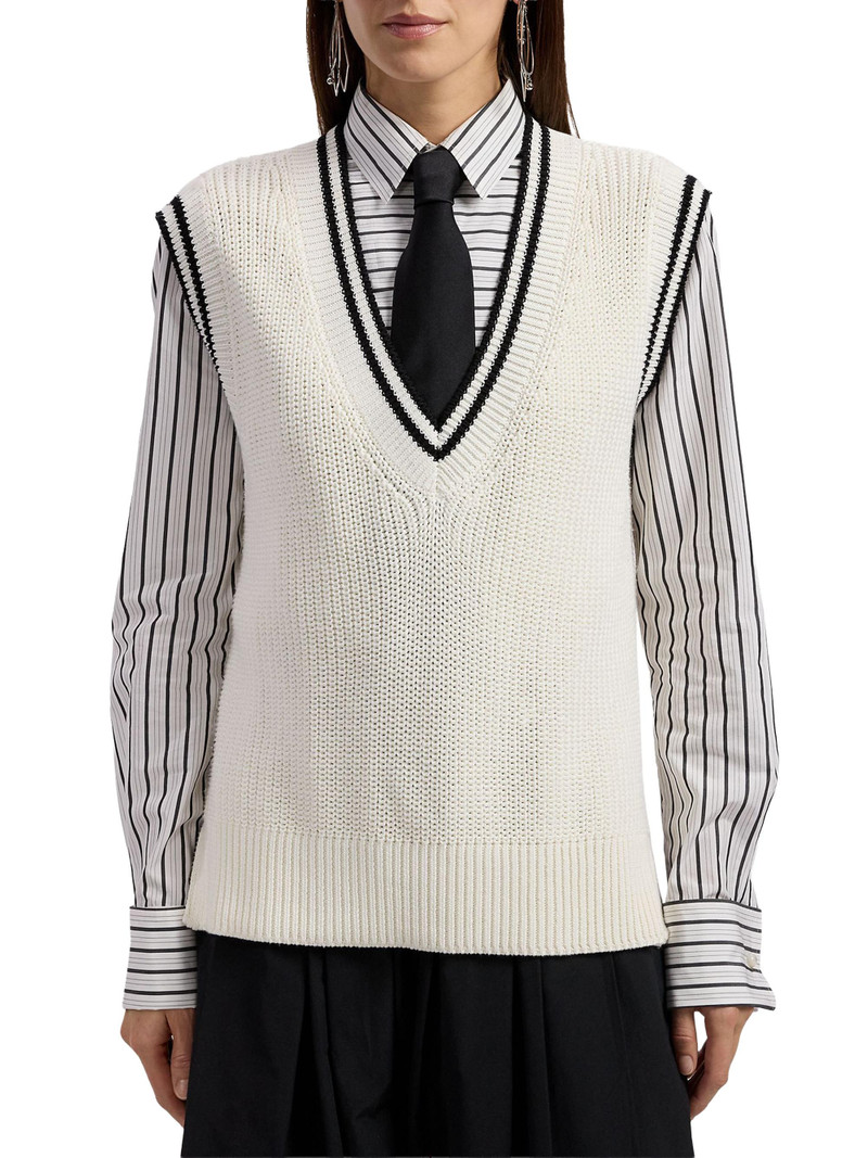 Women's Cotton-Silk Oversized Sweater Vest - Lux Cream Black 3