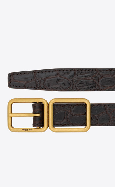 SAINT LAURENT double-buckle thin belt in crocodile-embossed leather outlook