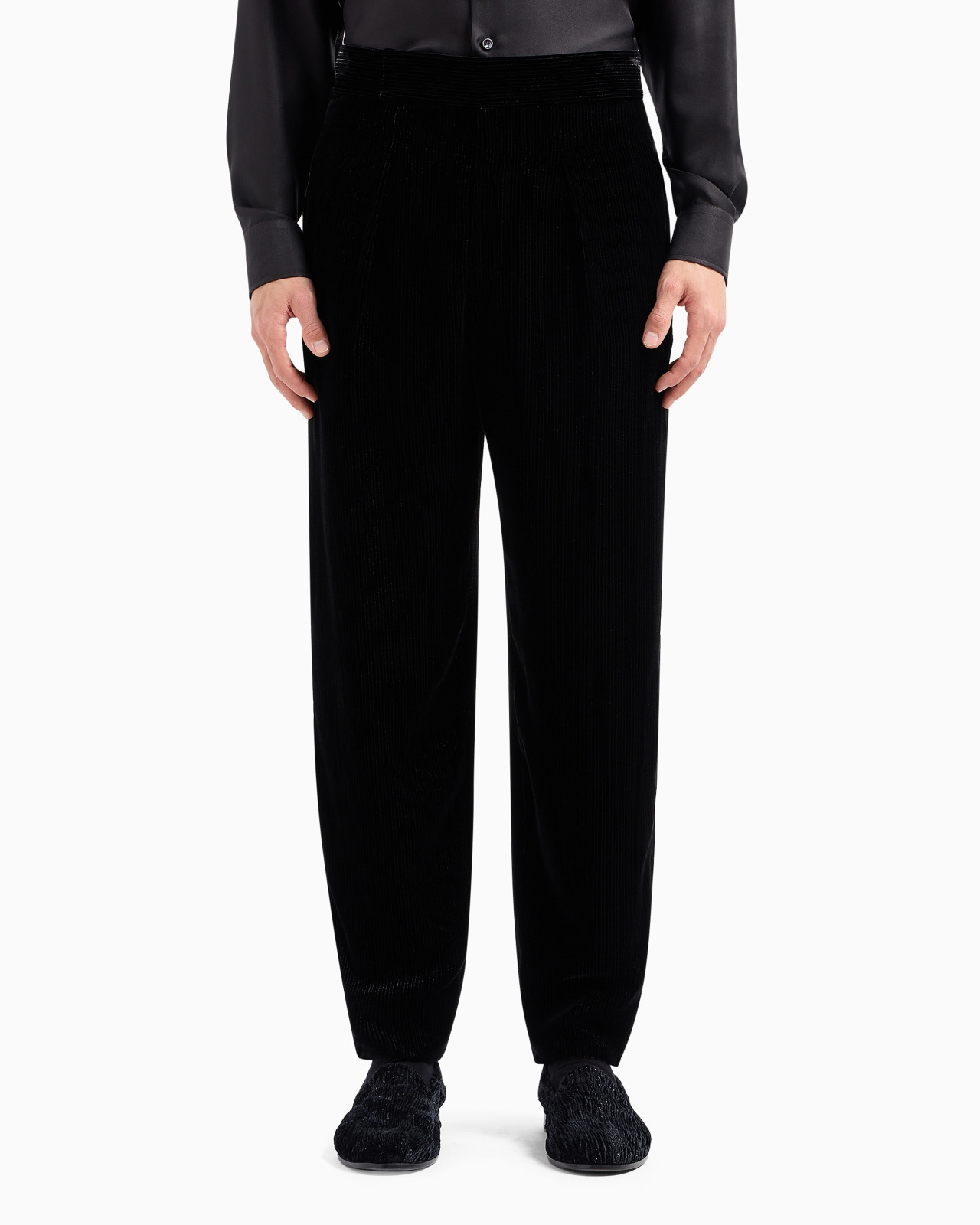 Giorgio's shiny, pinstriped velvet single-pleat trousers - 4
