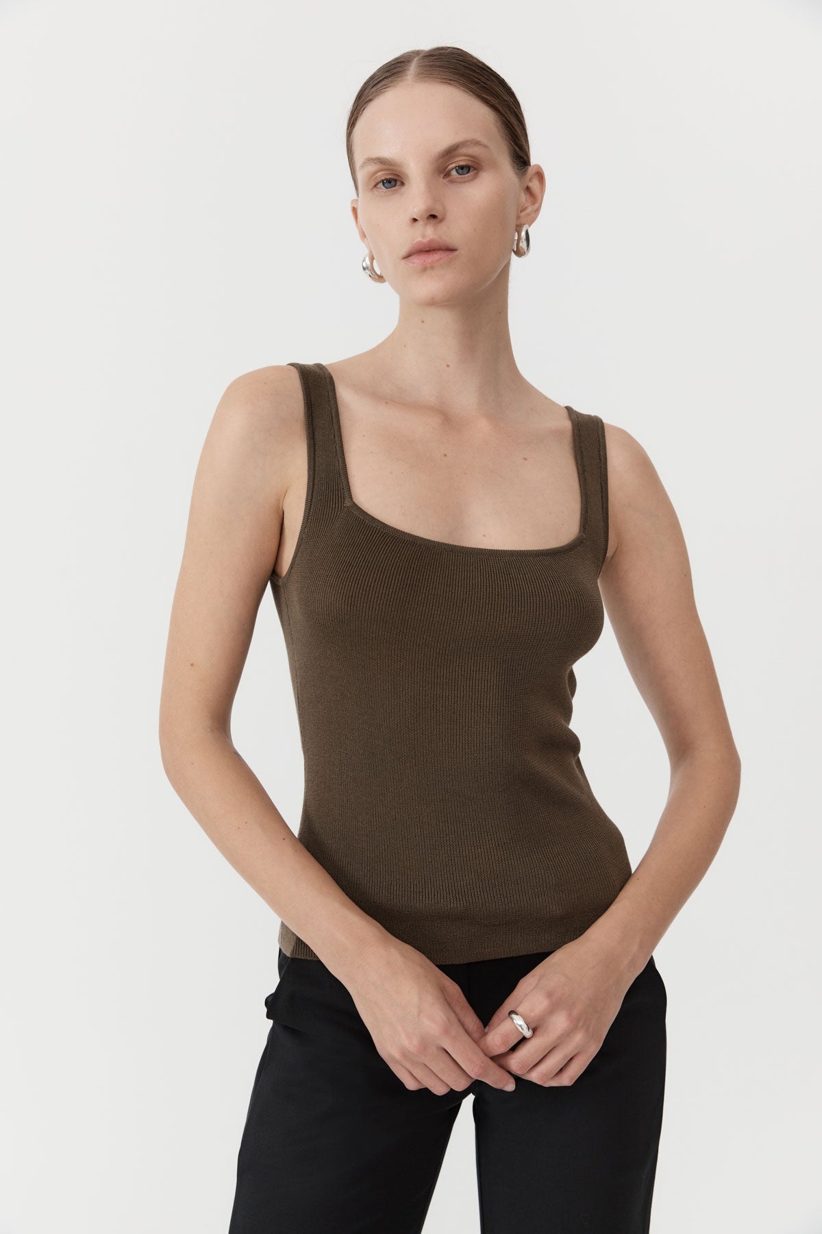 Square Neck Knit Singlet - Kelp - 2