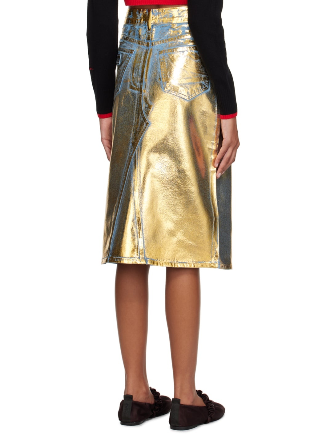Blue & Gold Foil-Coated Denim Midi Skirt - 3