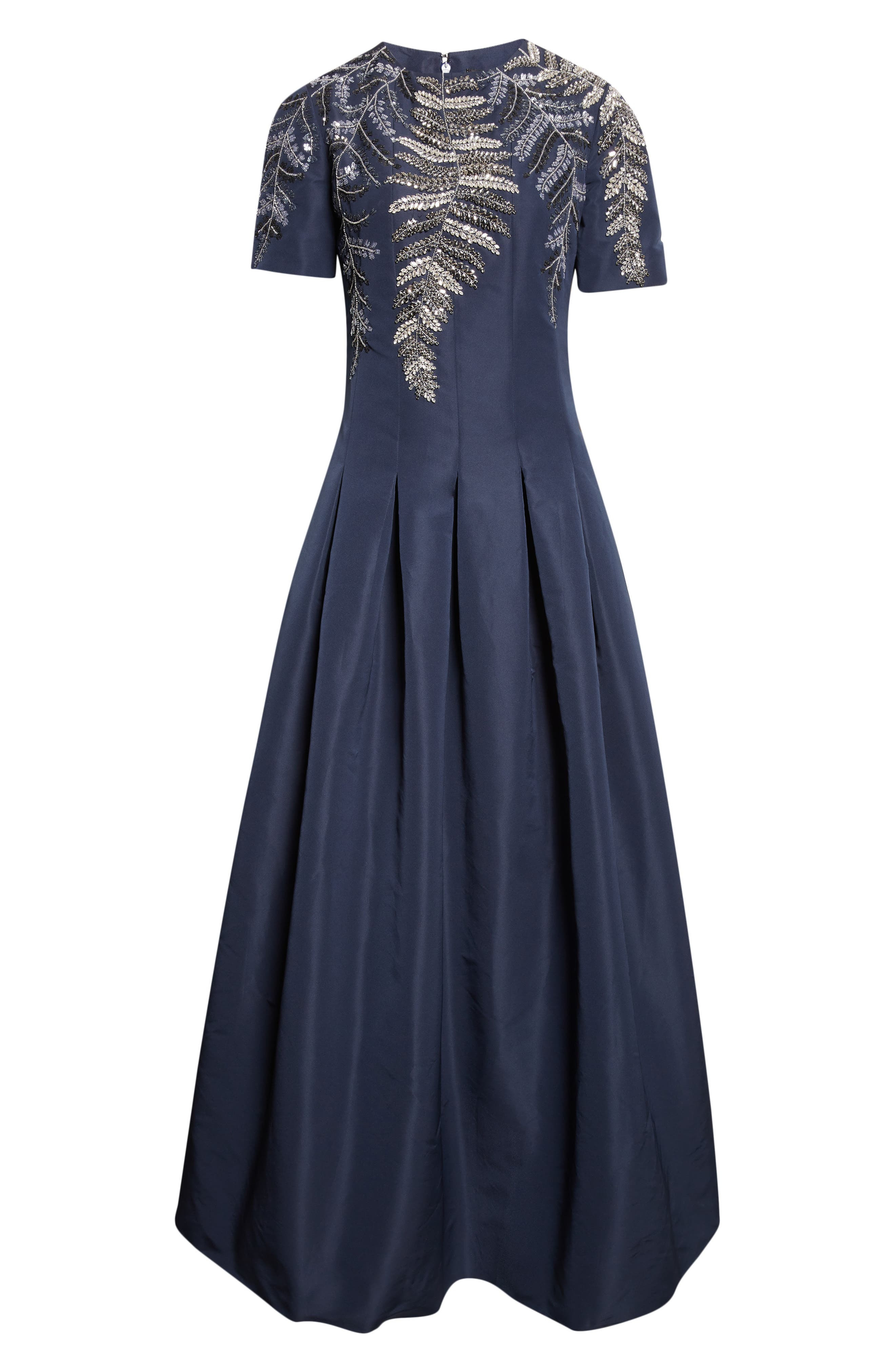 Oscar de la Renta Sequin Fern Embroidered Faille Gown in Navy at Nordstrom - 5
