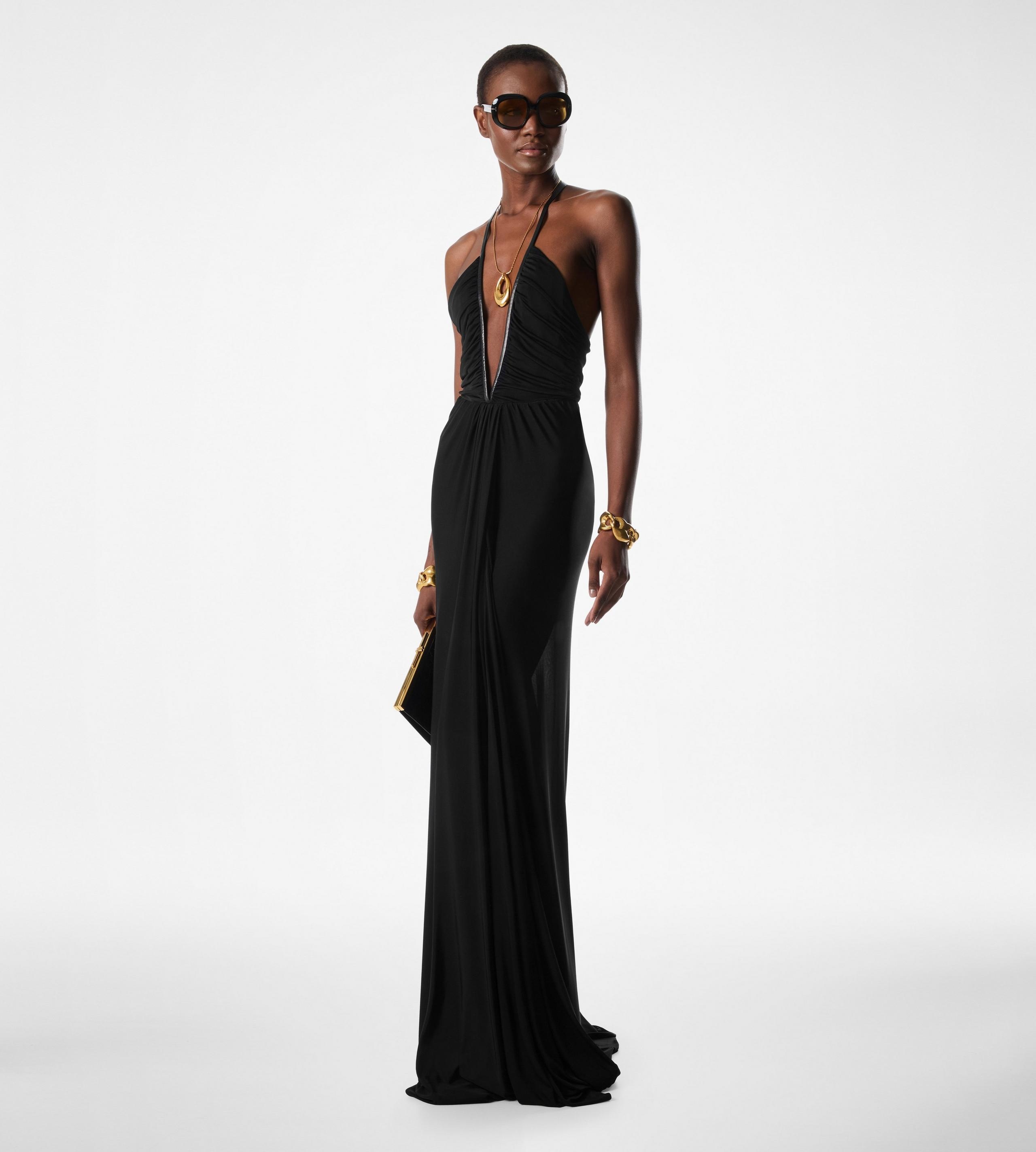 STRETCH JERSEY DEEP V-NECK EVENING DRESS - 3