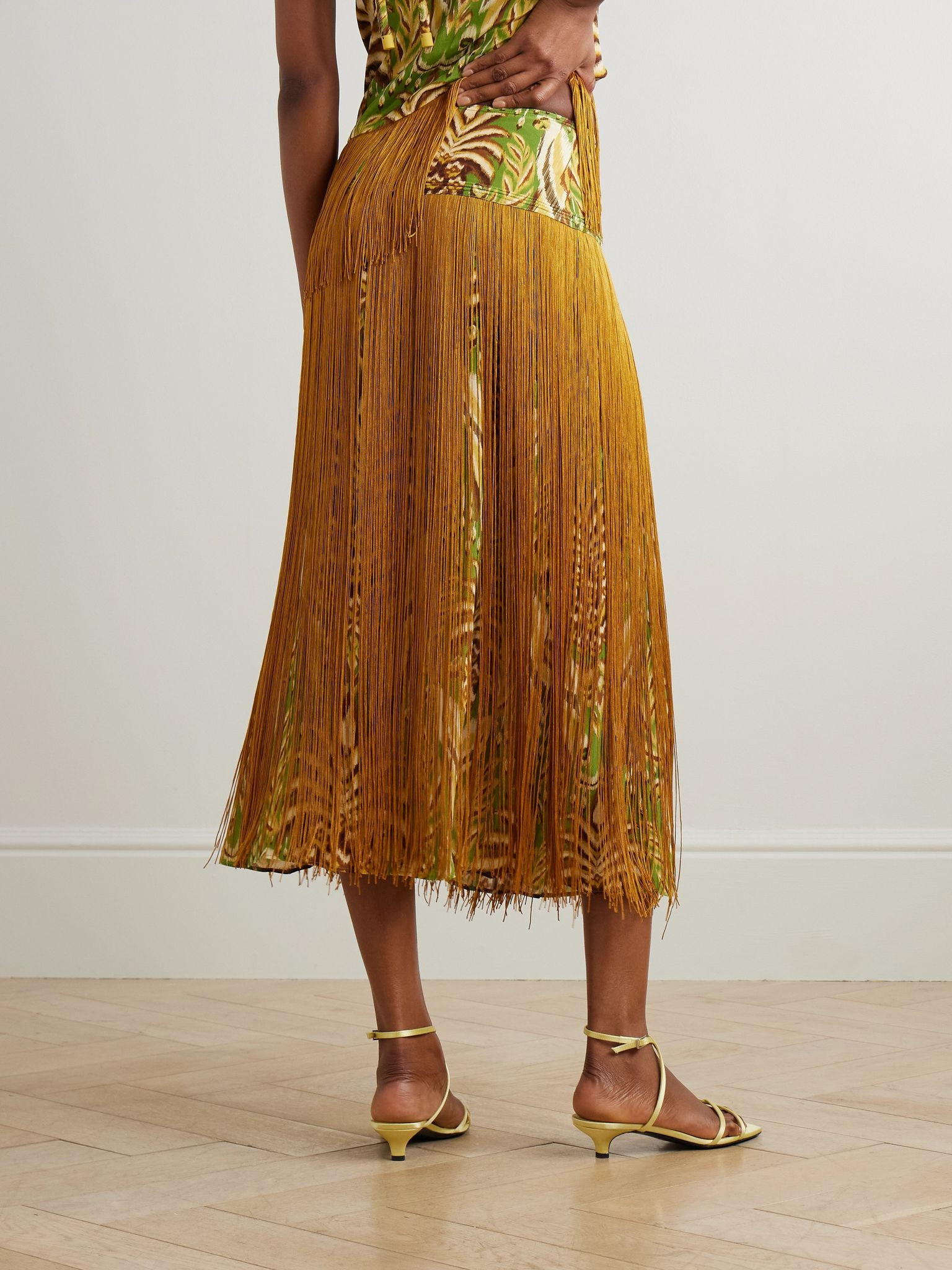Fringed printed satin midi skirt Yellow - 3