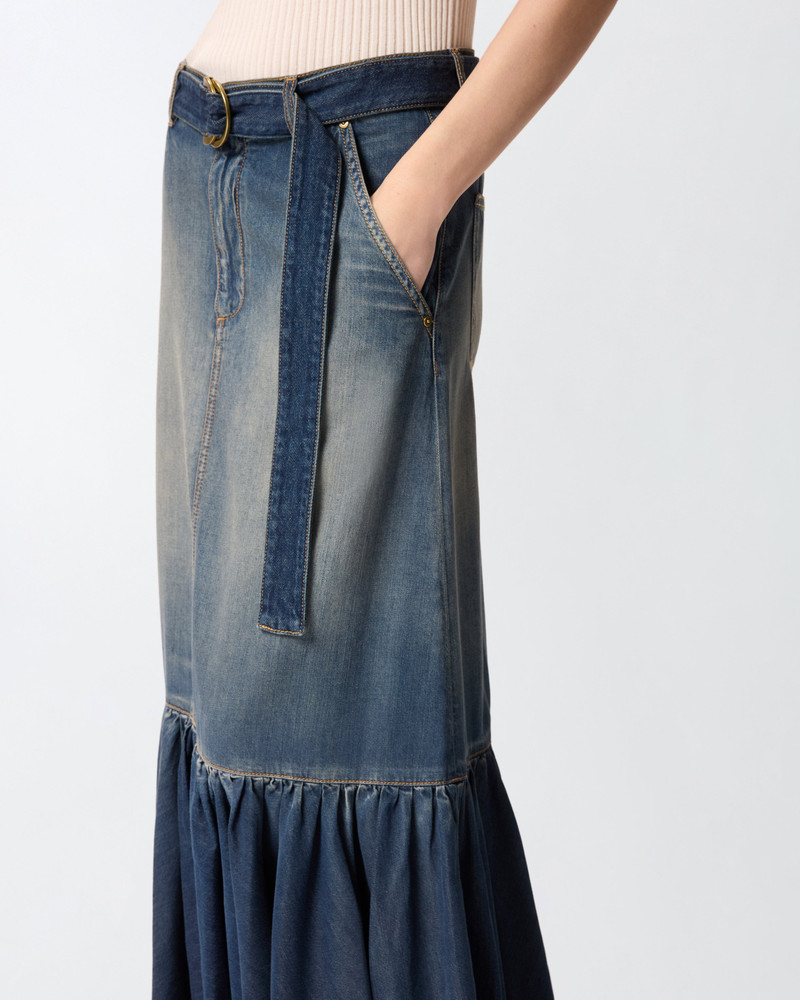 LONG DENIM SKIRT WITH FLOUNCE AND BELT 6