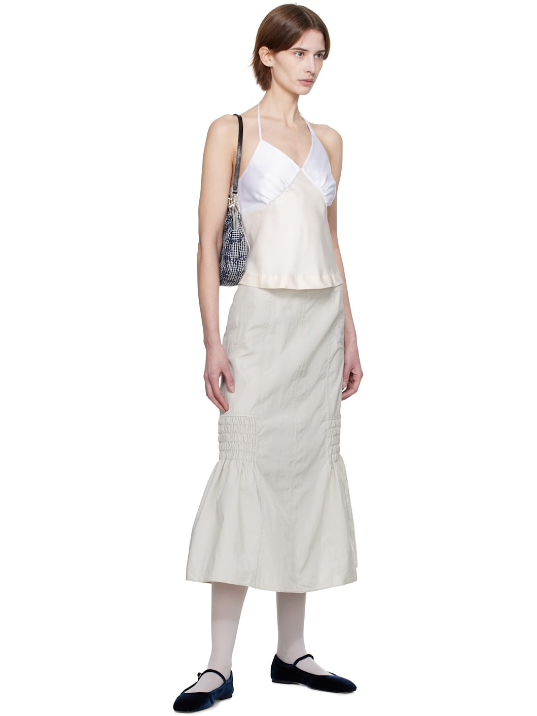 Off-White Satin Shirring Halter Top - 4