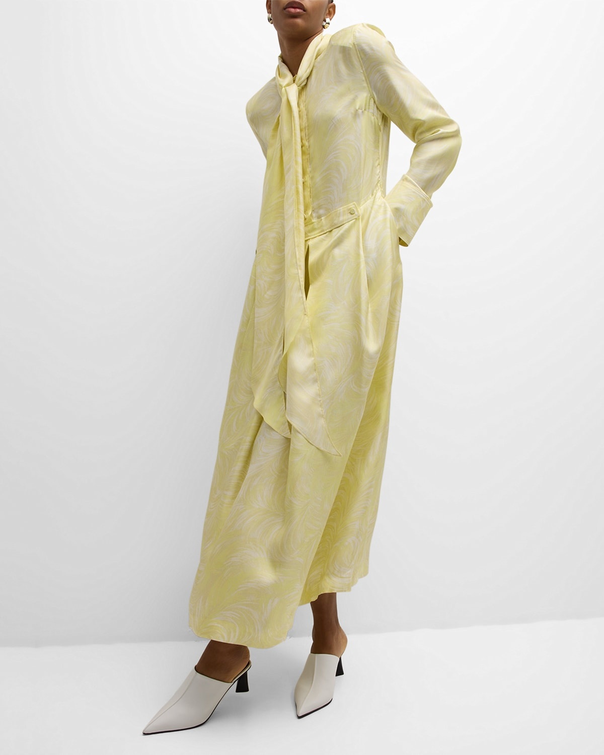 Feather-Print Scarf-Neck Long-Sleeve Silk Maxi Dress - 7