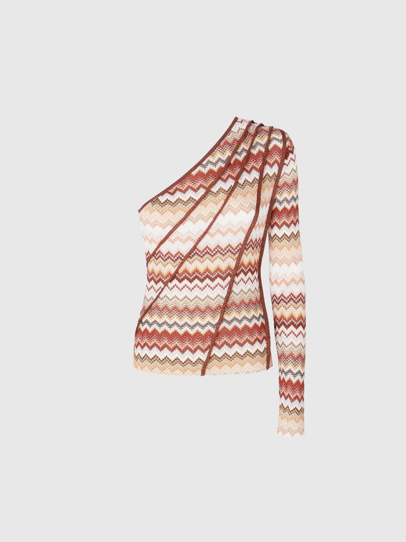 One-shoulder top with serrated lamé zigzag pattern and ribs 1