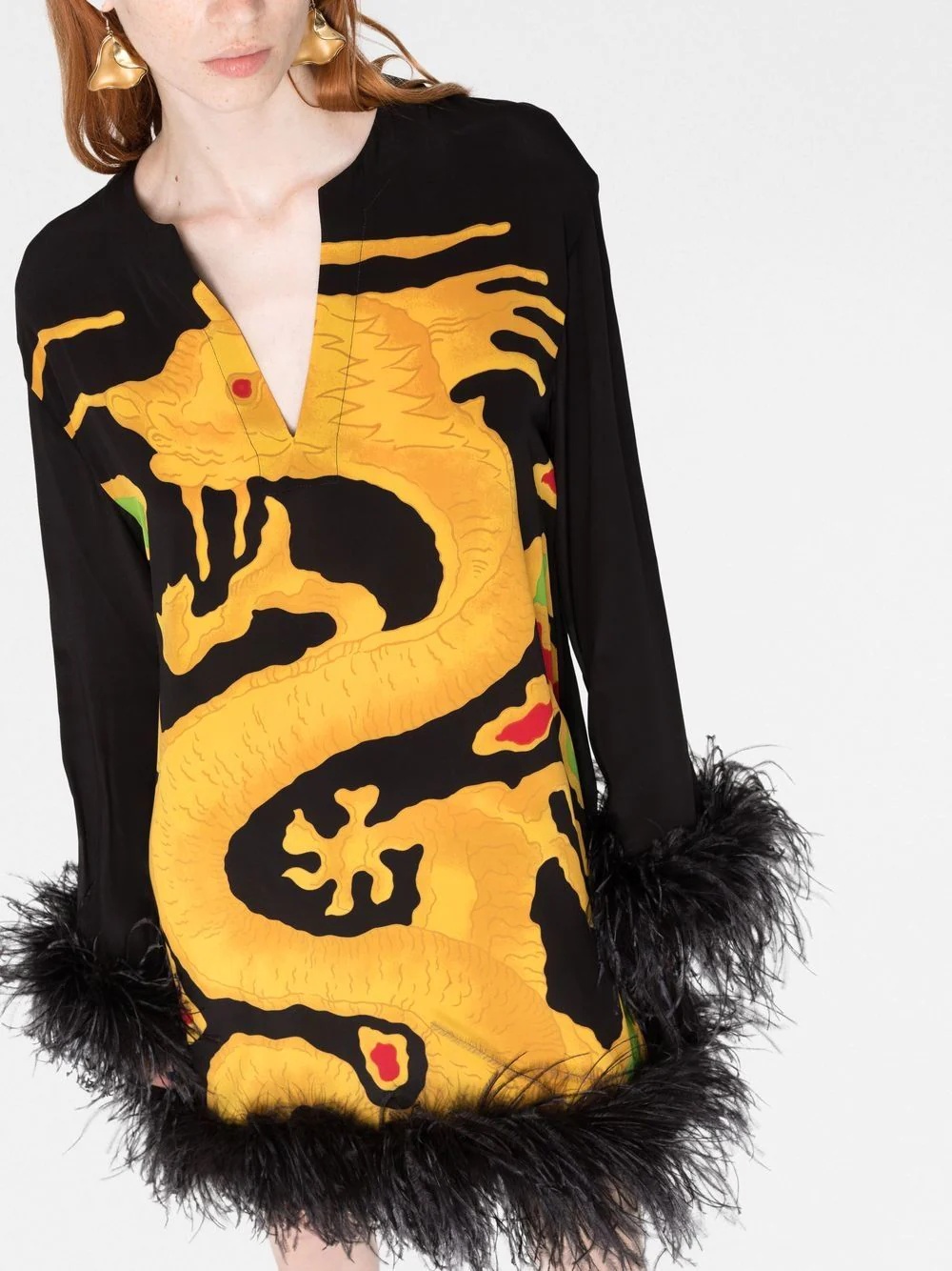 dragon-print feather-trim silk dress - 5