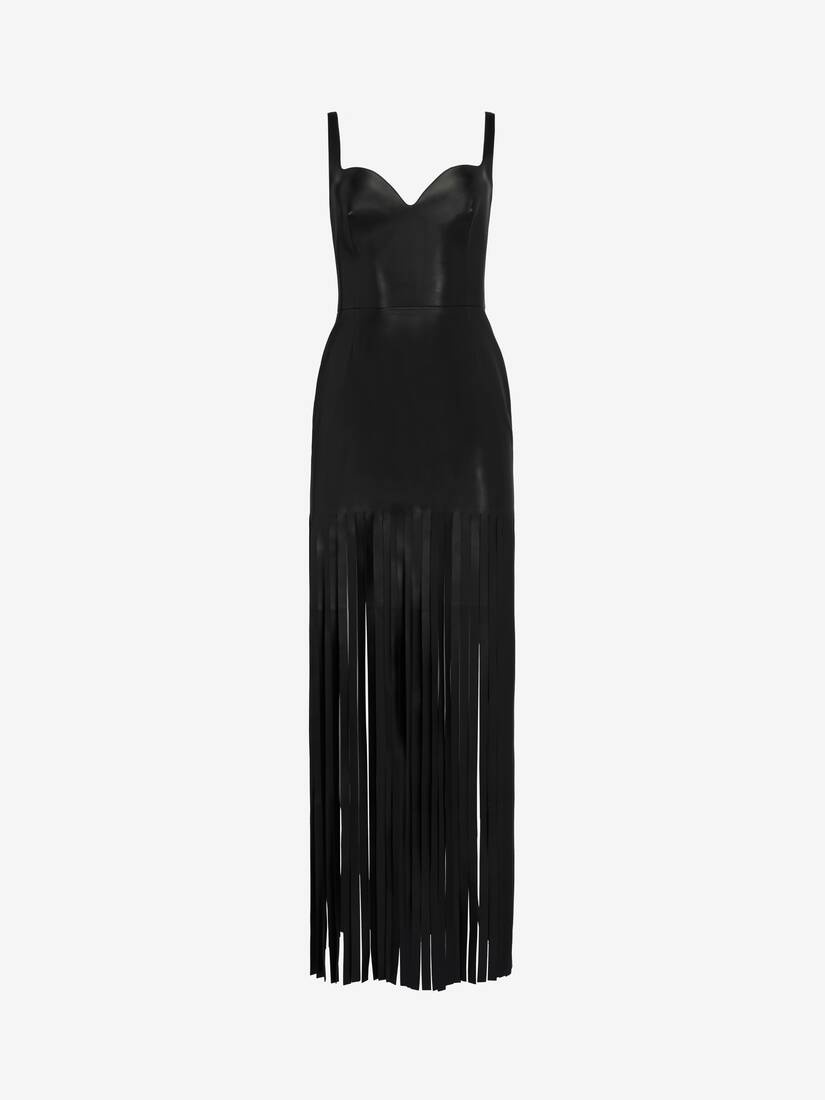 Women's Fringed Leather Pencil Dress in Black - 1