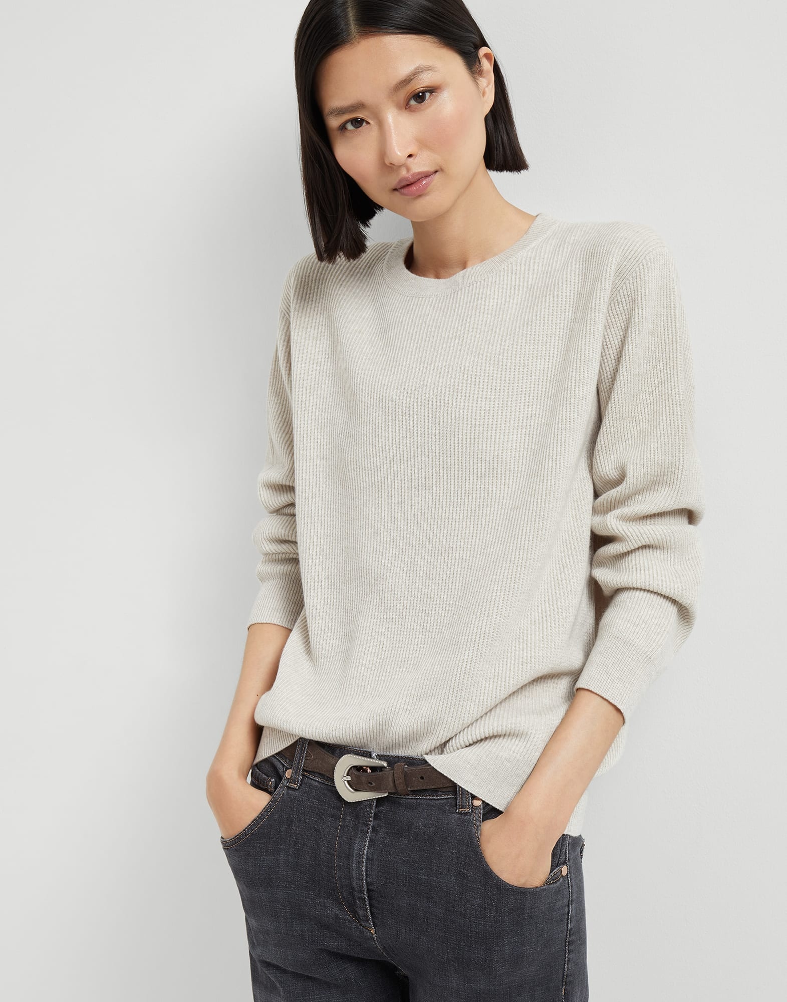 Cashmere English rib sweater with monili - 4