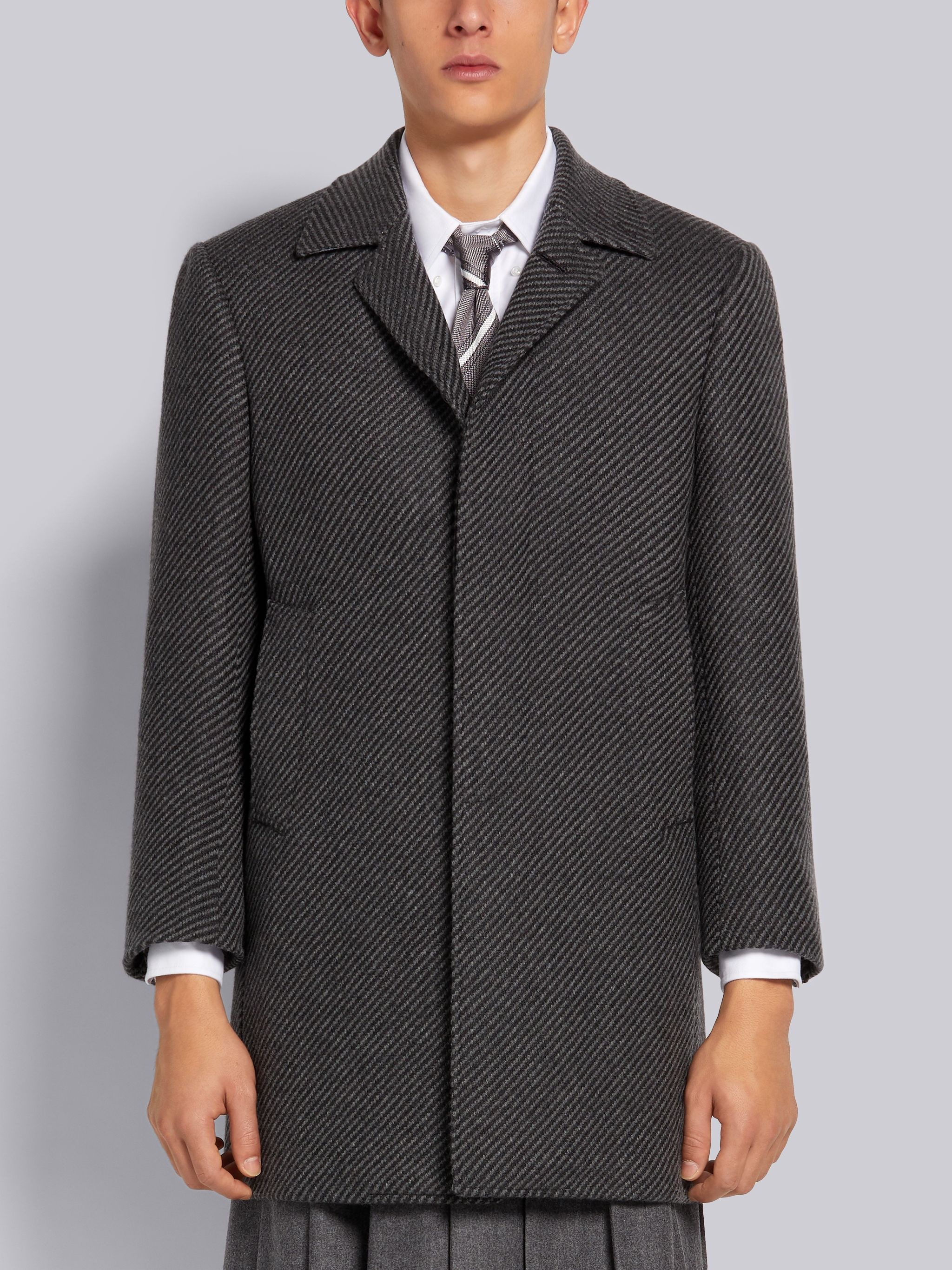 Medium Grey Twill Weave Cashmere Tweed Bal Collar Classic Overcoat - 1