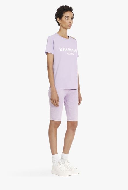 Lilac cotton T-shirt with flocked white Balmain logo - 6