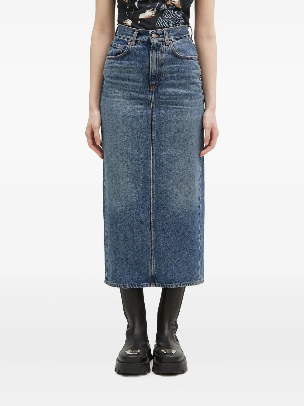 high-waisted denim midi skirt - 1