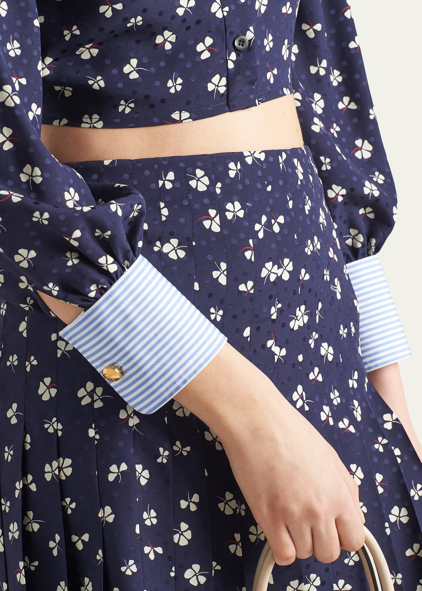 Mixed-Print Crop Button Down Silk Shirt - 5
