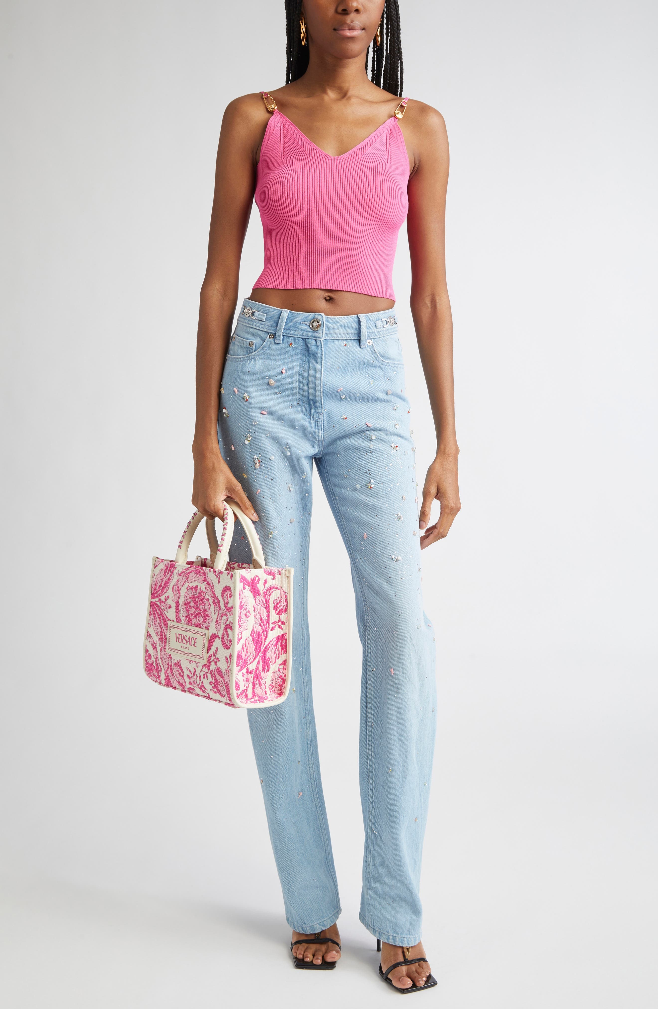Versace Safety Pin Rib Crop Top in Dragon Fruit at Nordstrom - 2