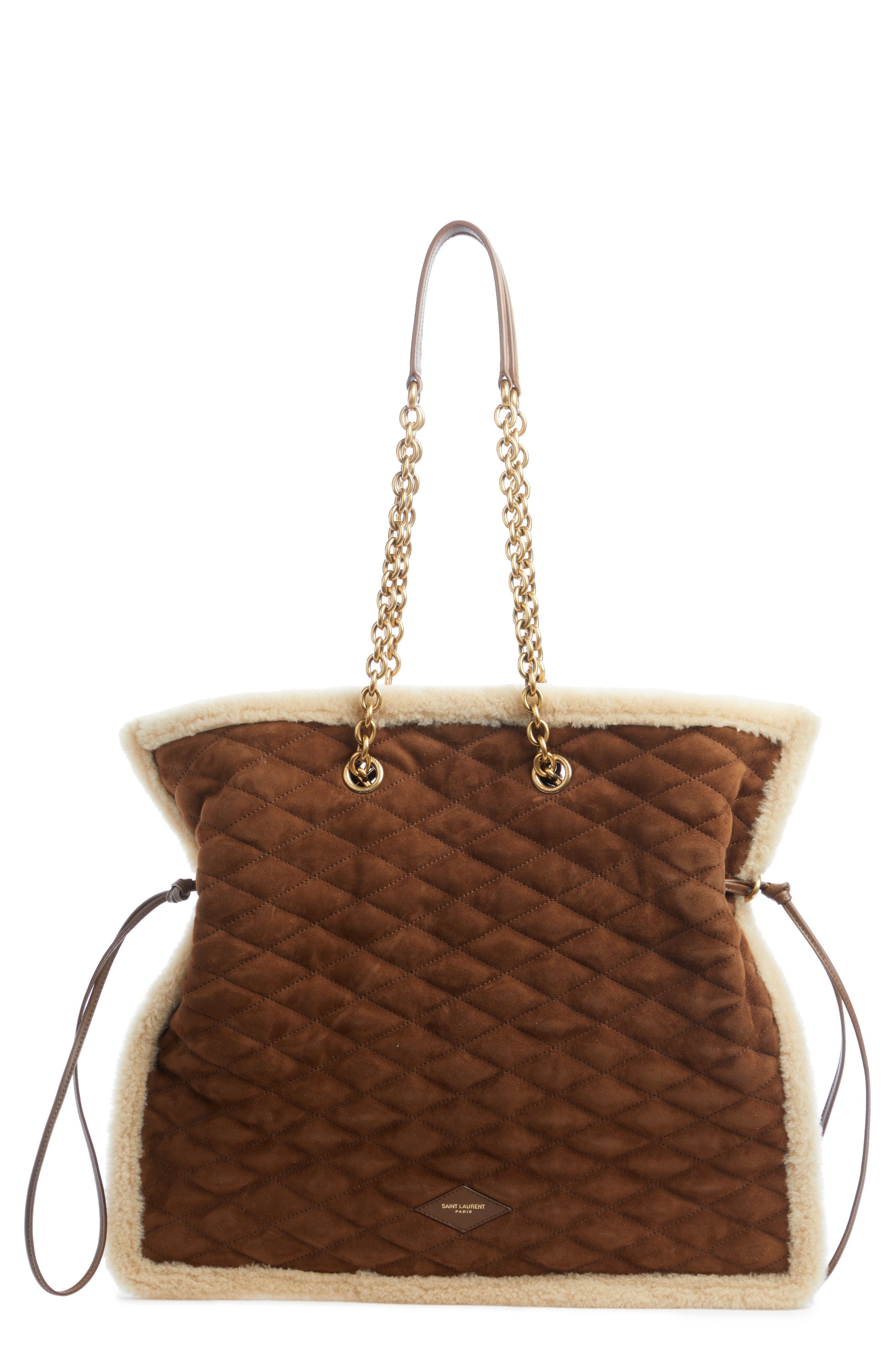 Saint Laurent Le Pochon Genuine Shearling Trim Shoulder Bag in Dark Cigar/Natural Beige at Nordstrom - 1