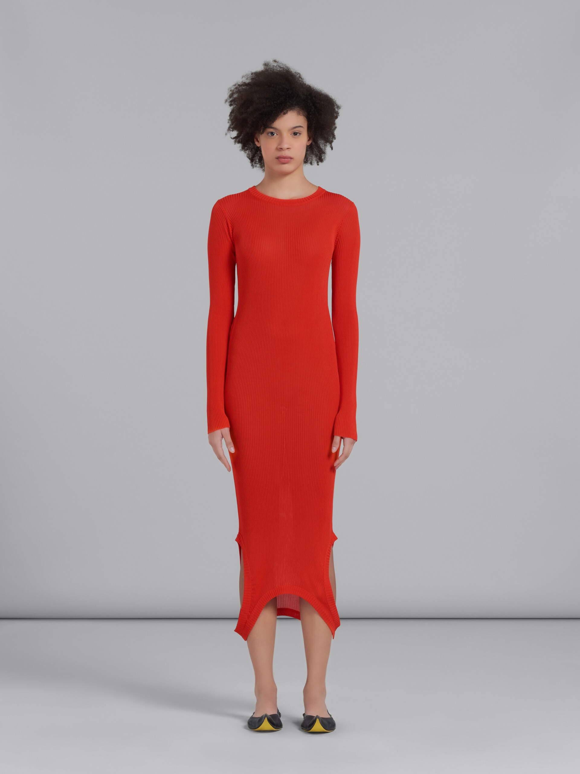 RED RIBBED DRESS WITH PRESS BUTTONS - 2