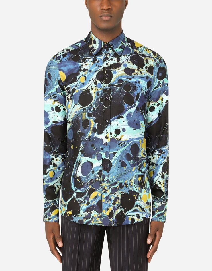 Silk Martini-fit shirt with blue marbled print - 1