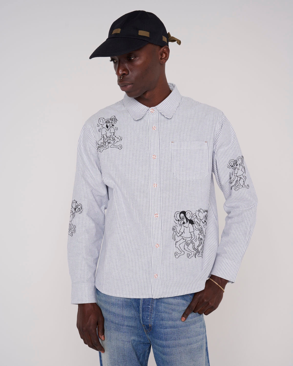 Striped Embroidered Mouse Button Up Shirt - Blue - 5