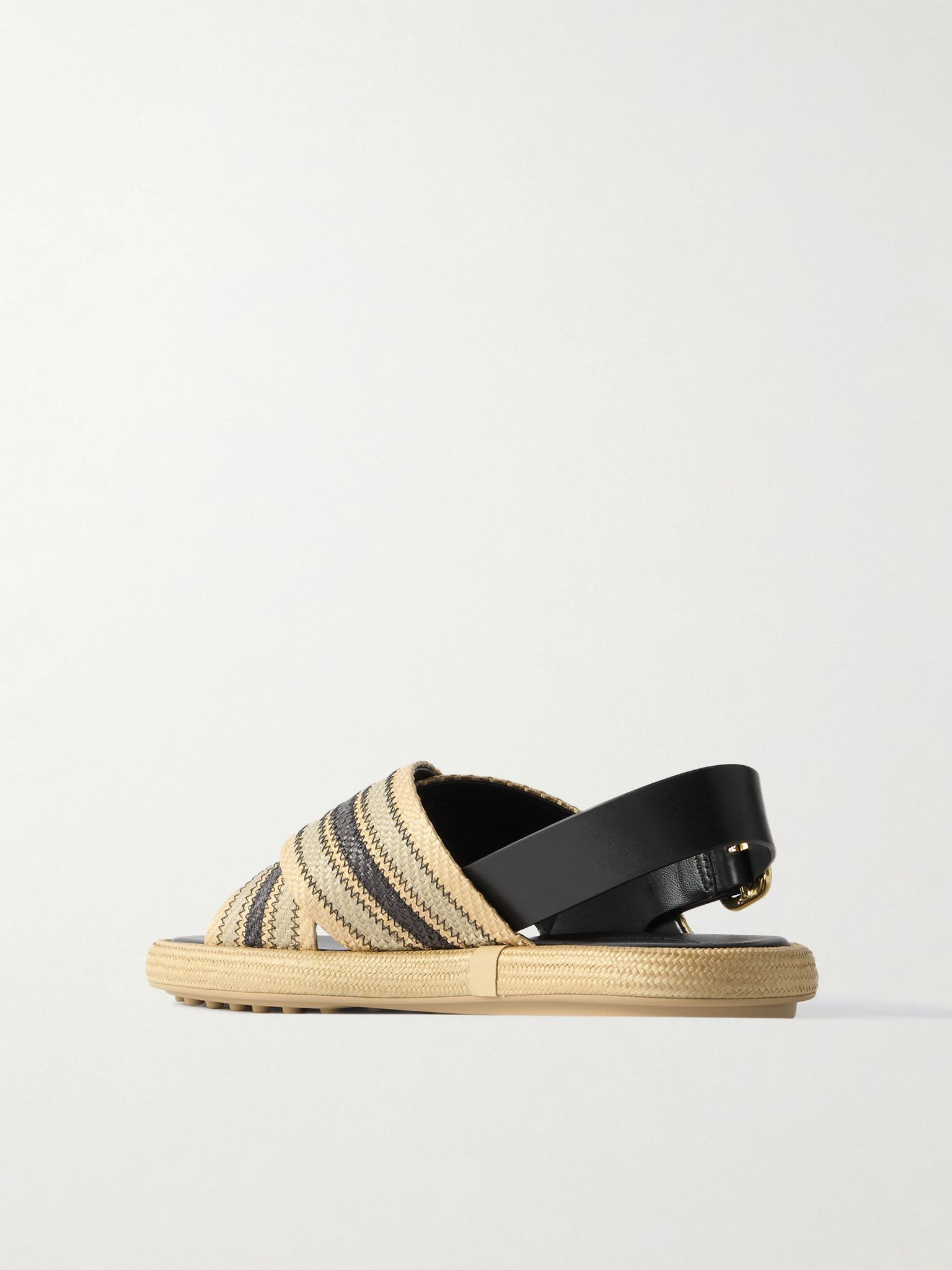 Leather-trimmed striped raffia sandals Beige - 3