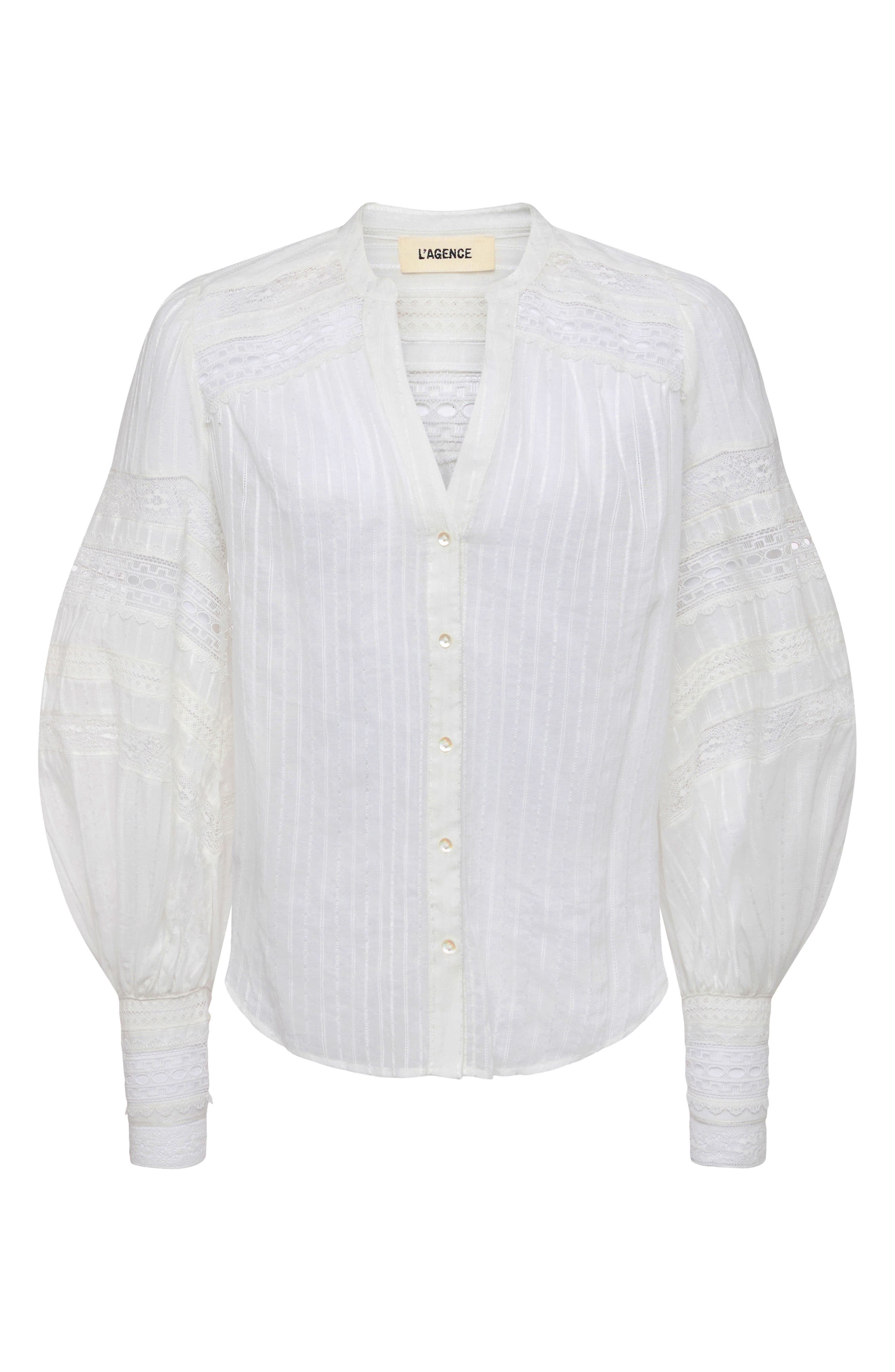 L'AGENCE Kiera Lace Trim Button-Up Top in Ivory at Nordstrom - 4
