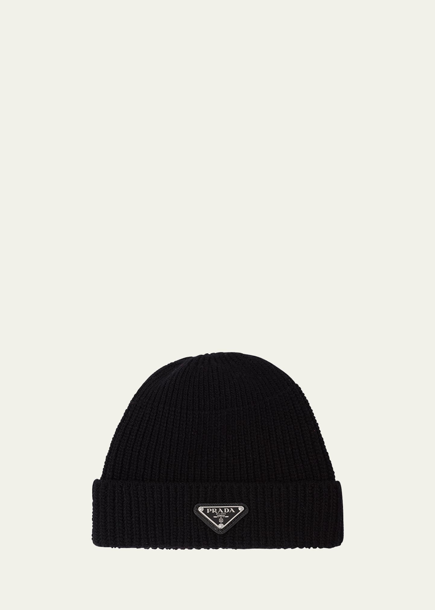 Men's Wool-Cashmere Ribbed Beanie Hat with Symbole - 1
