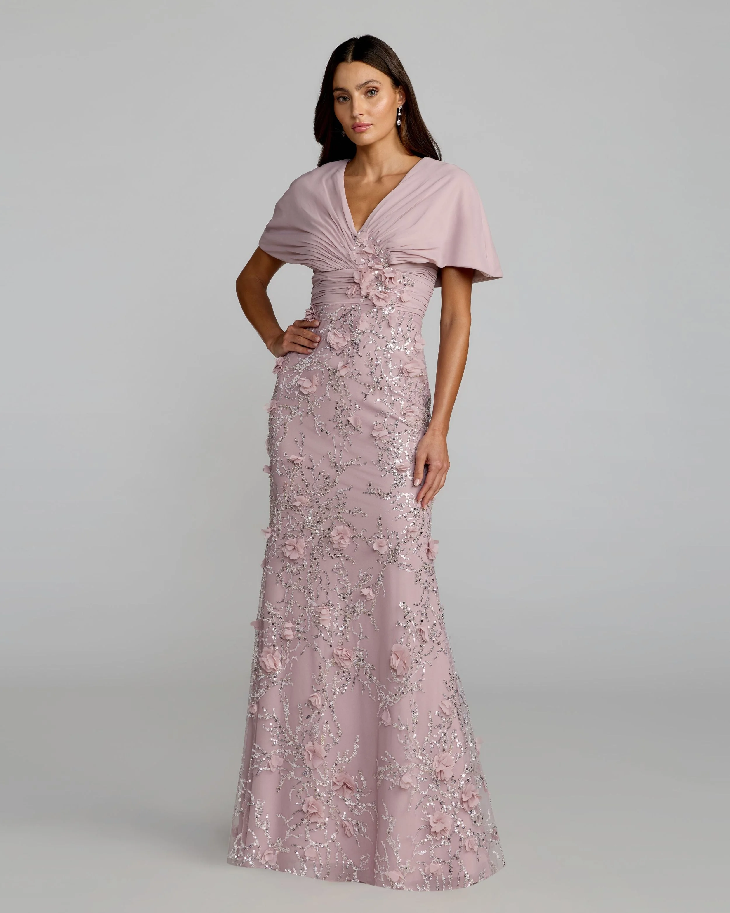 Rose Embellished Draped Cape Sleeve Gown - 1