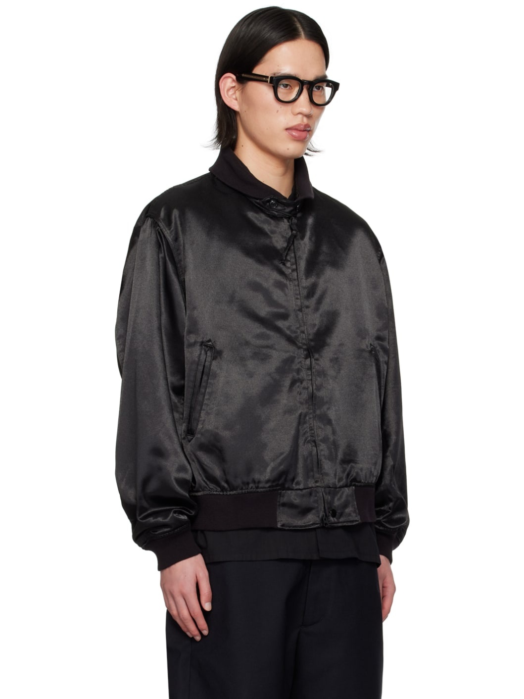 Black Stand Collar Bomber Jacket - 4