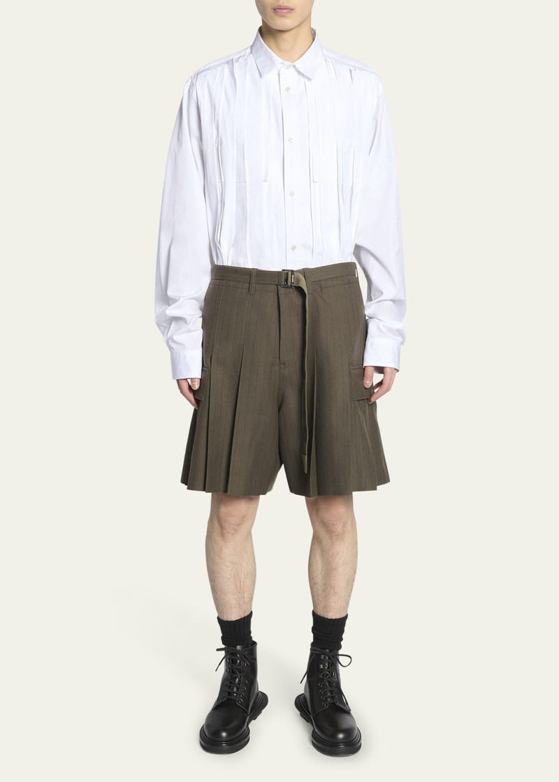 sacai Men's Pleated Khaki Pinstripe Shorts outlook