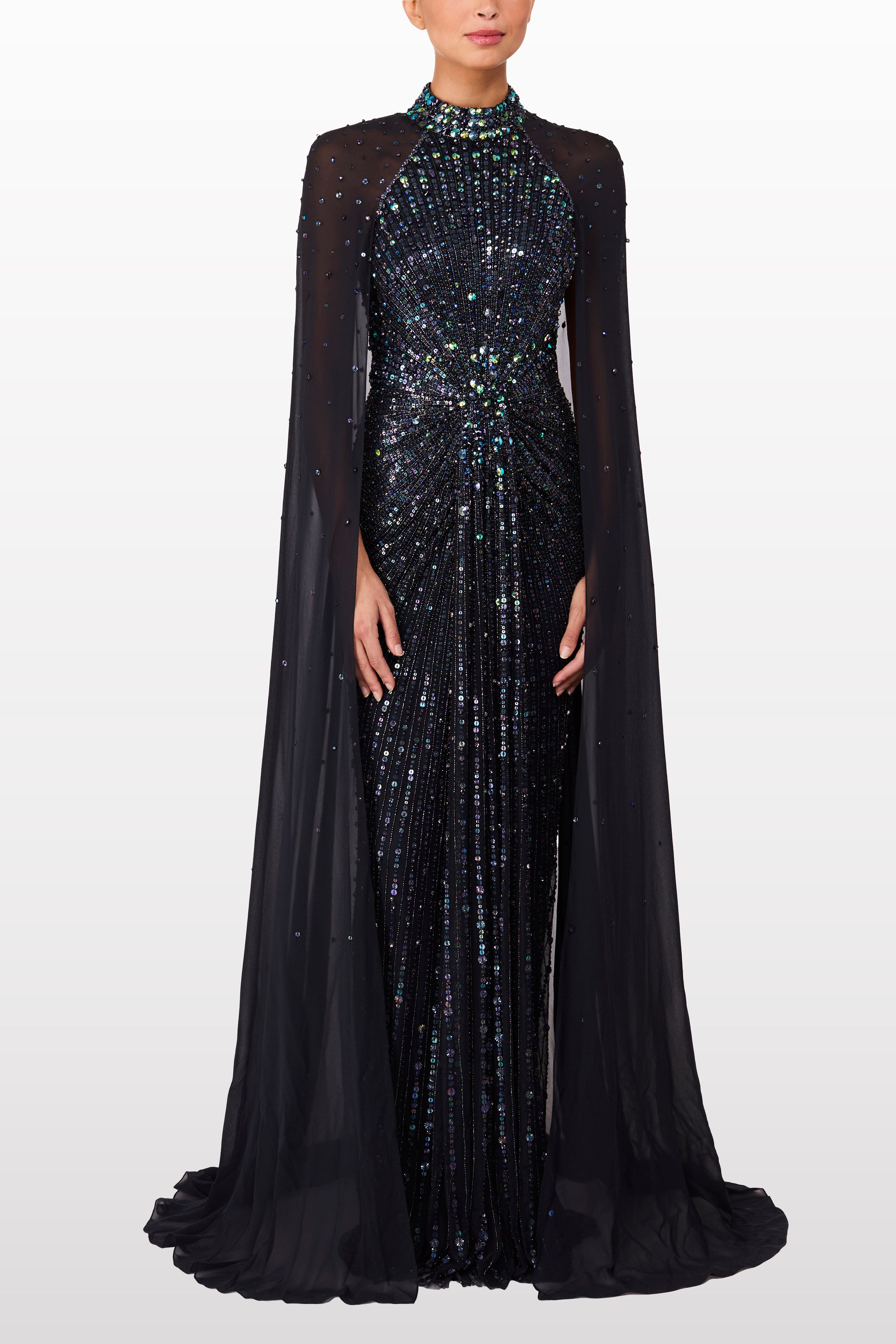 Jenny Packham Thea Embellished Cape Maxi Dress in Ink at Nordstrom - 2