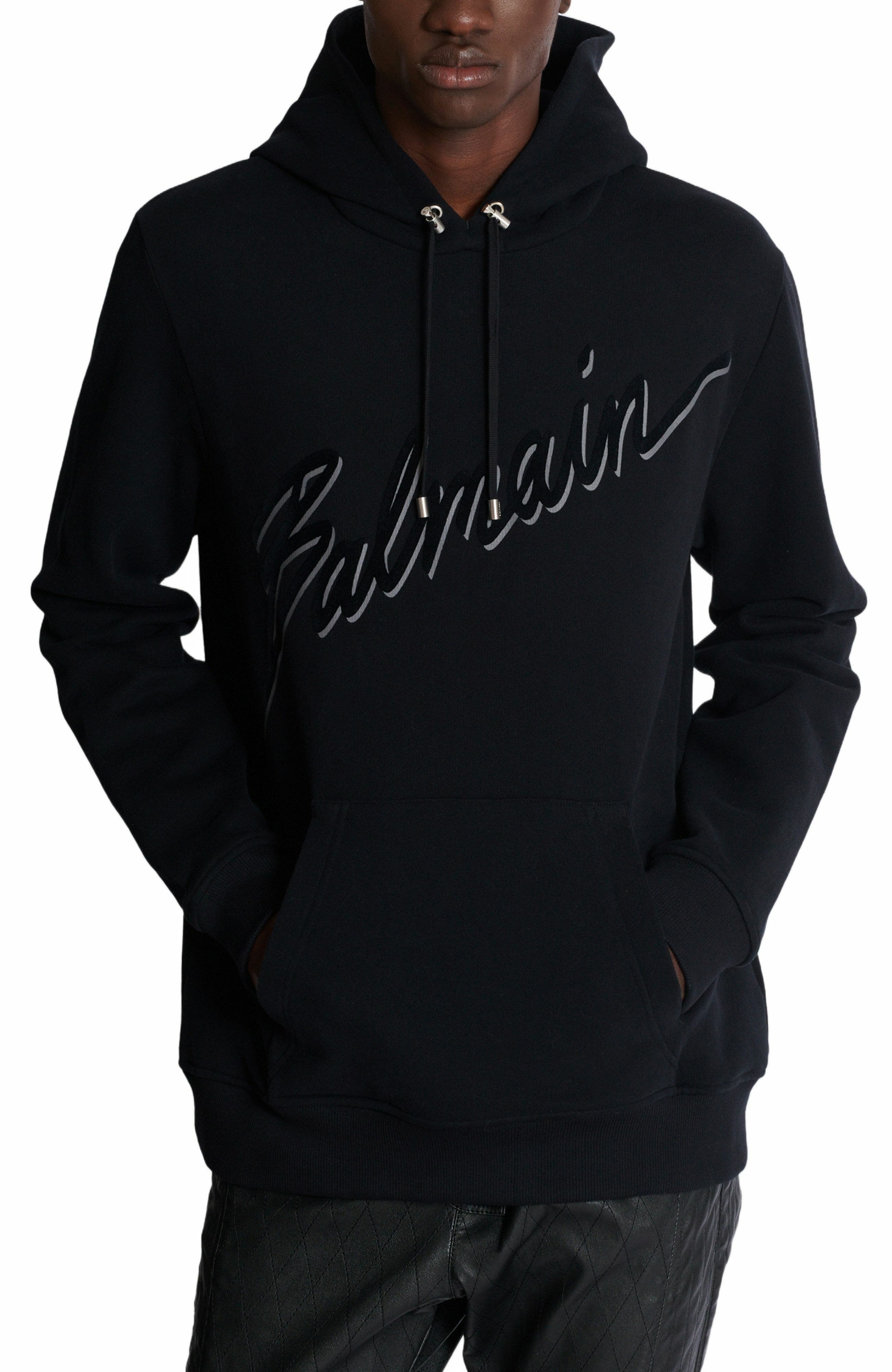 Flocked Balmain Letter hoodie in Black at Nordstrom - 6