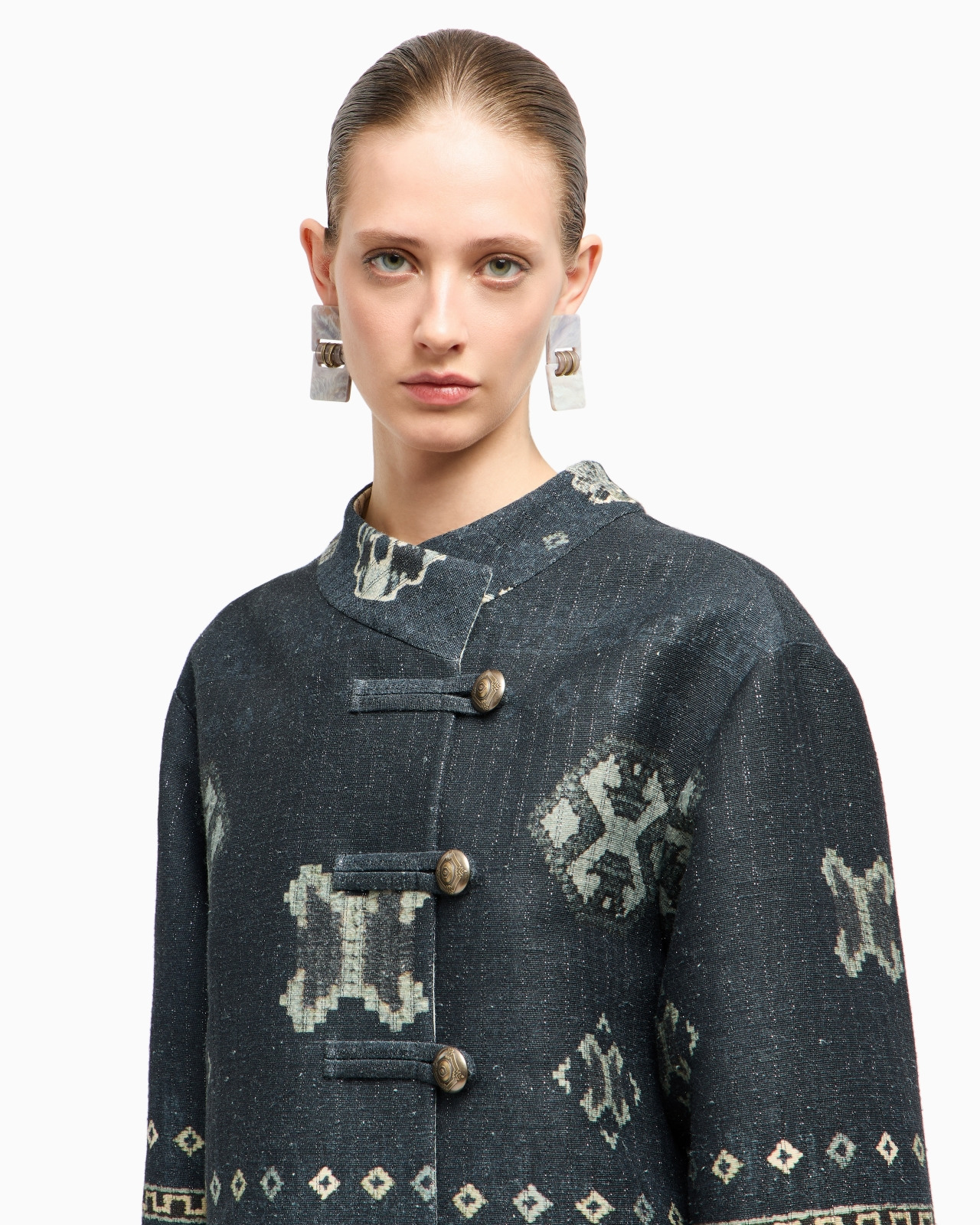 PRINTED TUSSAH SILK AND COTTON PEA COAT - 5