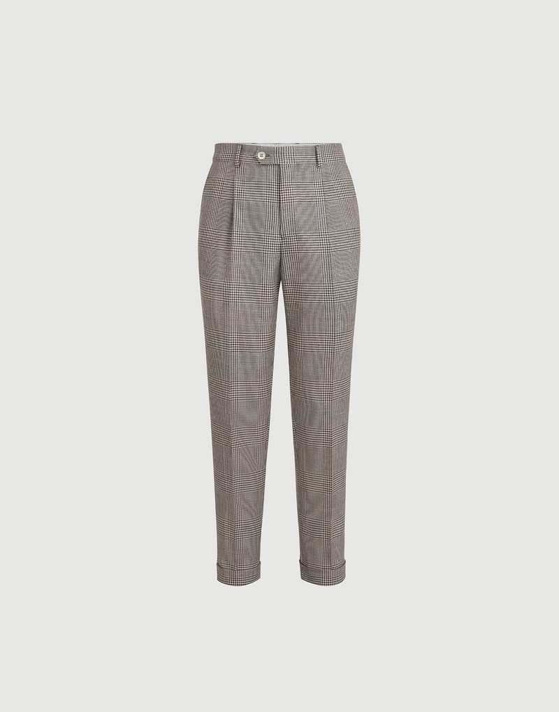 Virgin wool, silk and linen Prince of Wales trousers with pleat 1