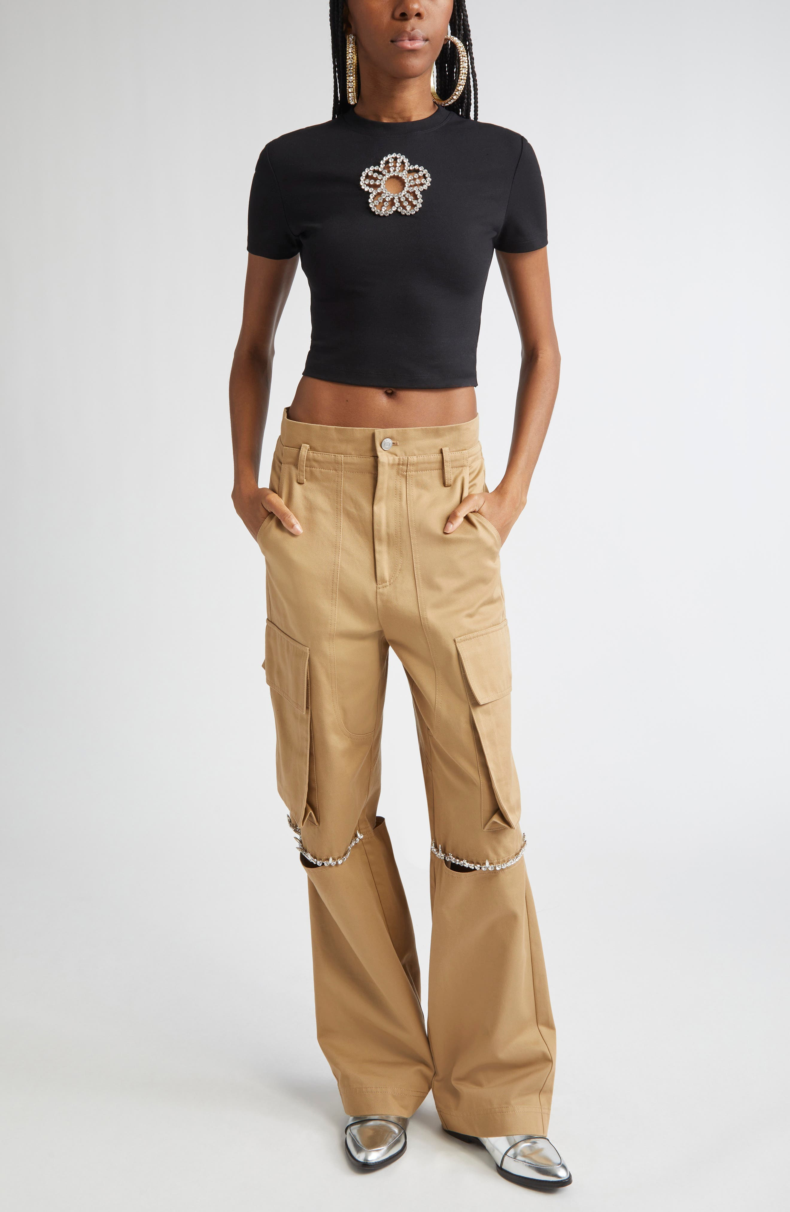 Area Crystal Flower Cutout Crop T-Shirt in Black at Nordstrom - 2