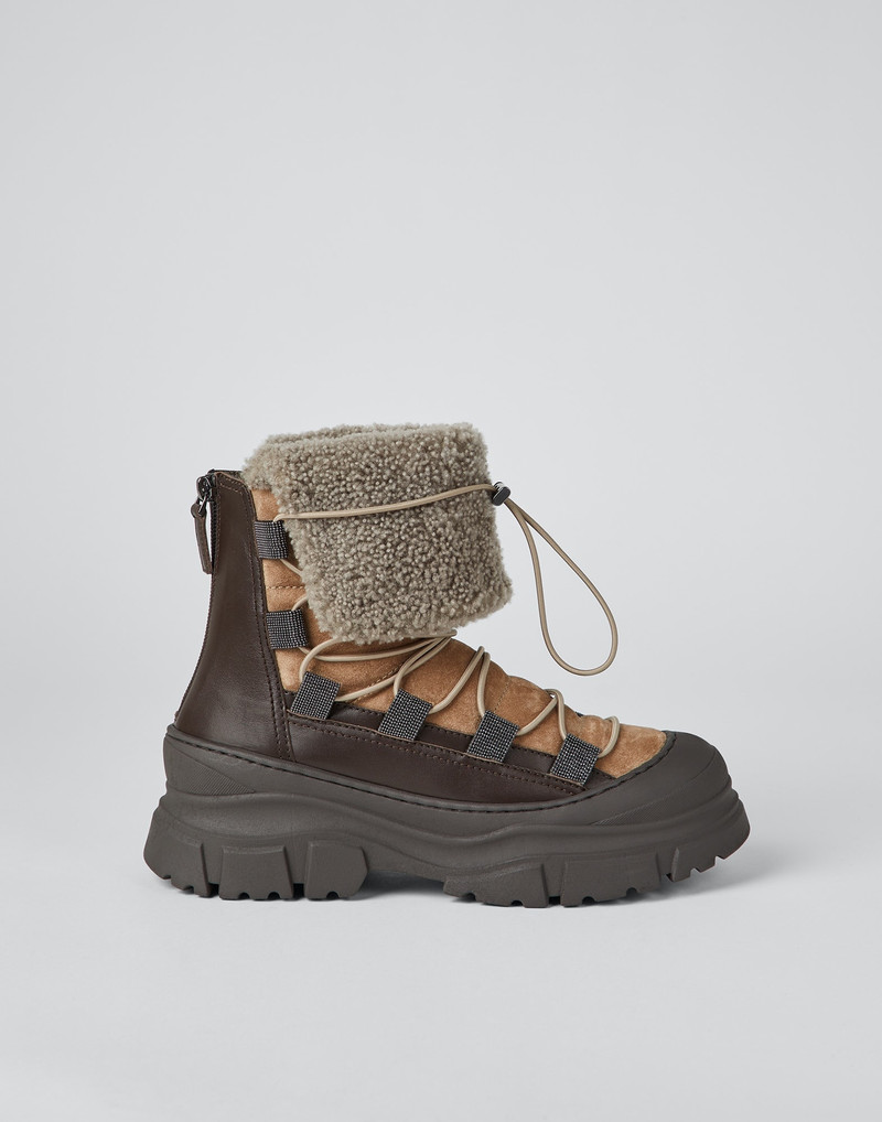 Suede, calfskin and curly shearling boots with monili 5