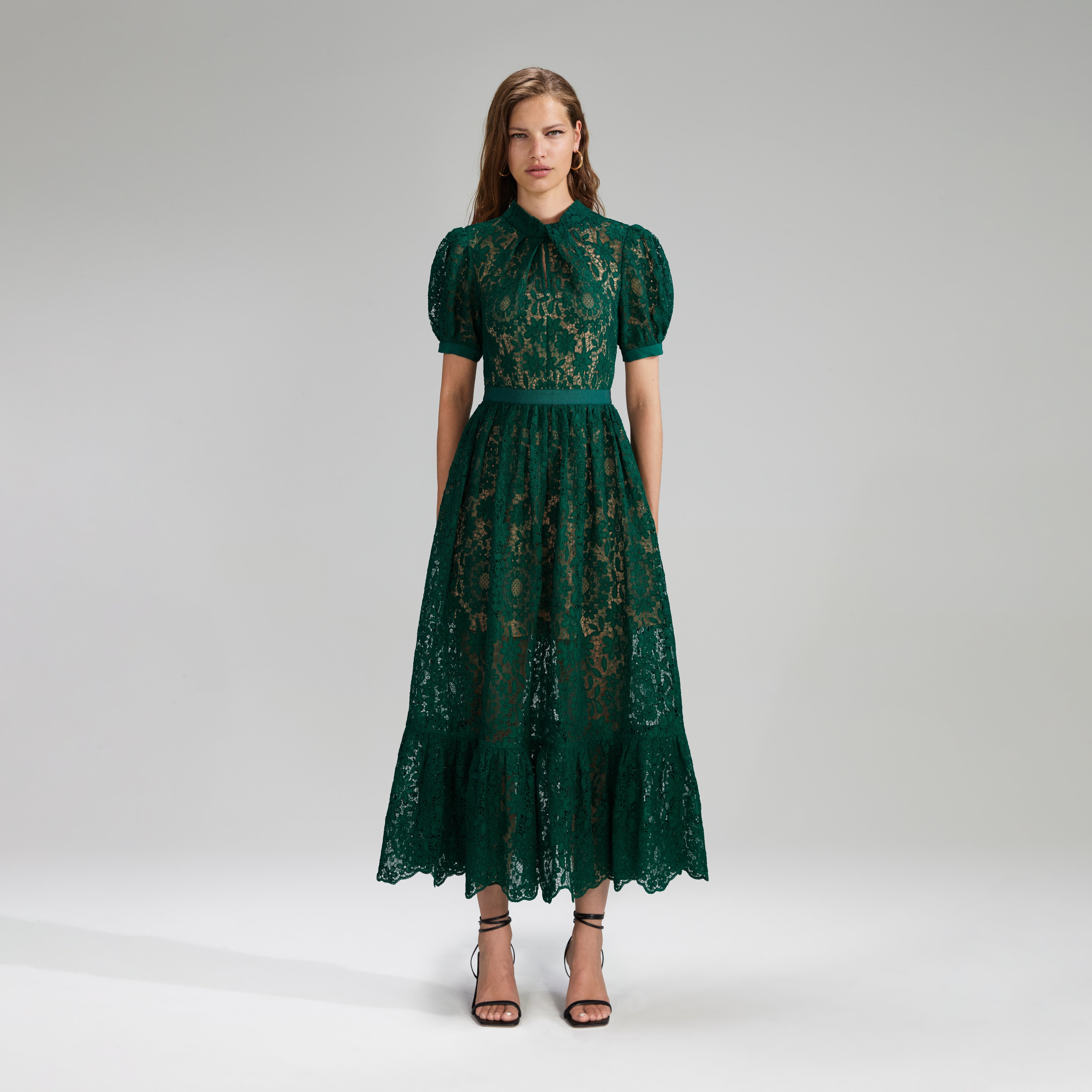 green guipure lace midi dress Emerald Green Floral Guipure Lace Midi Dress