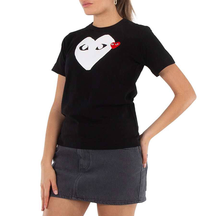Comme Des Garcons Play Ladies Black T-shirt With Heart Print & Patch - 2