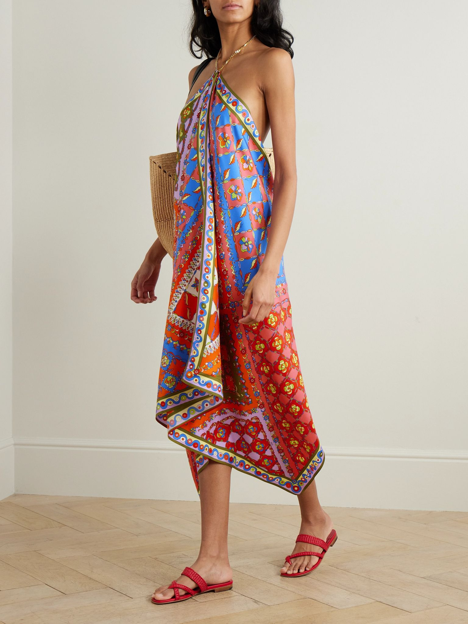 Asymmetric printed silk-twill halterneck midi dress Red - 2