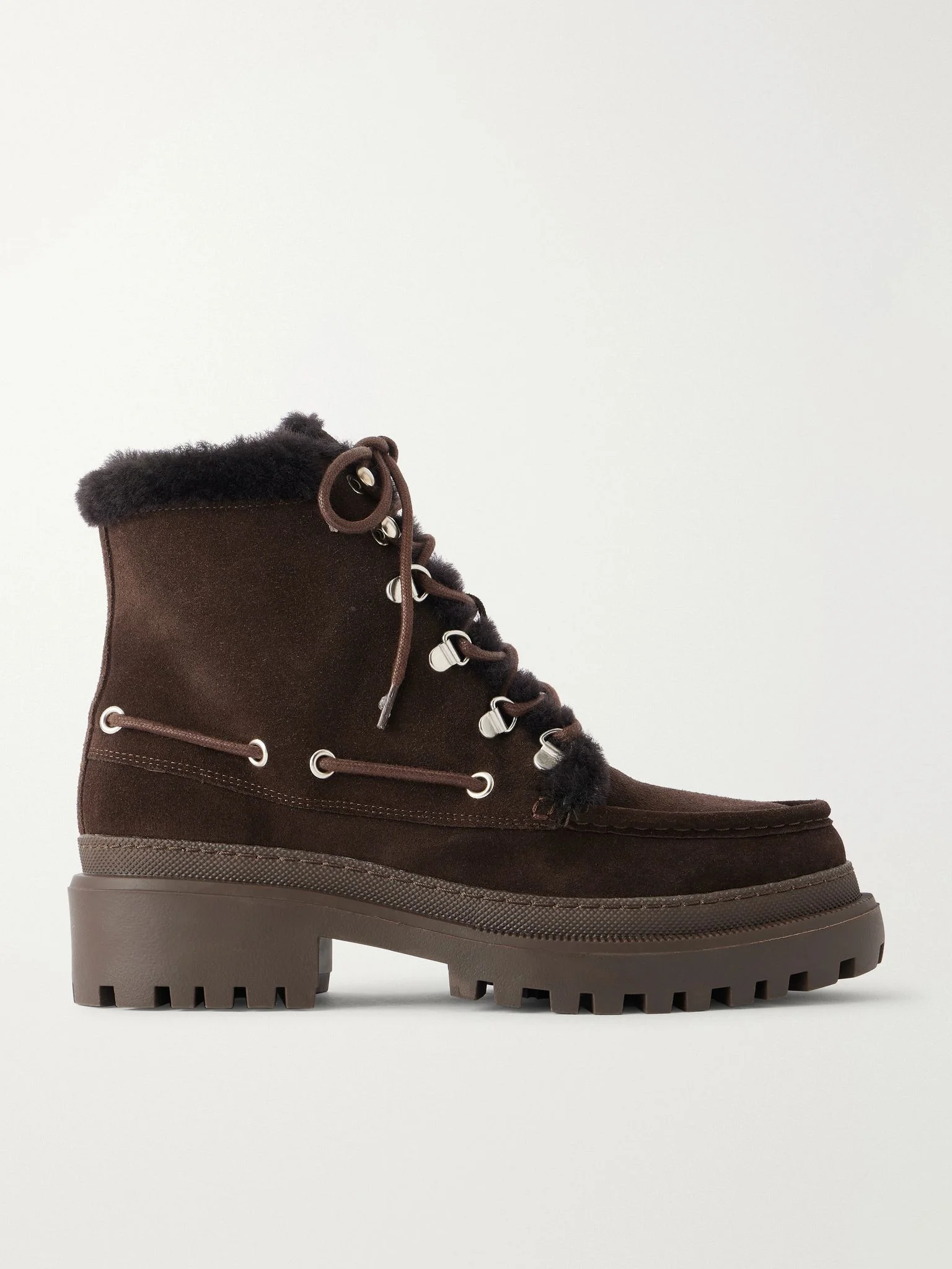 Eyelet-detailed brushed shearling-trimmed suede ankle boots Chocolate - 1