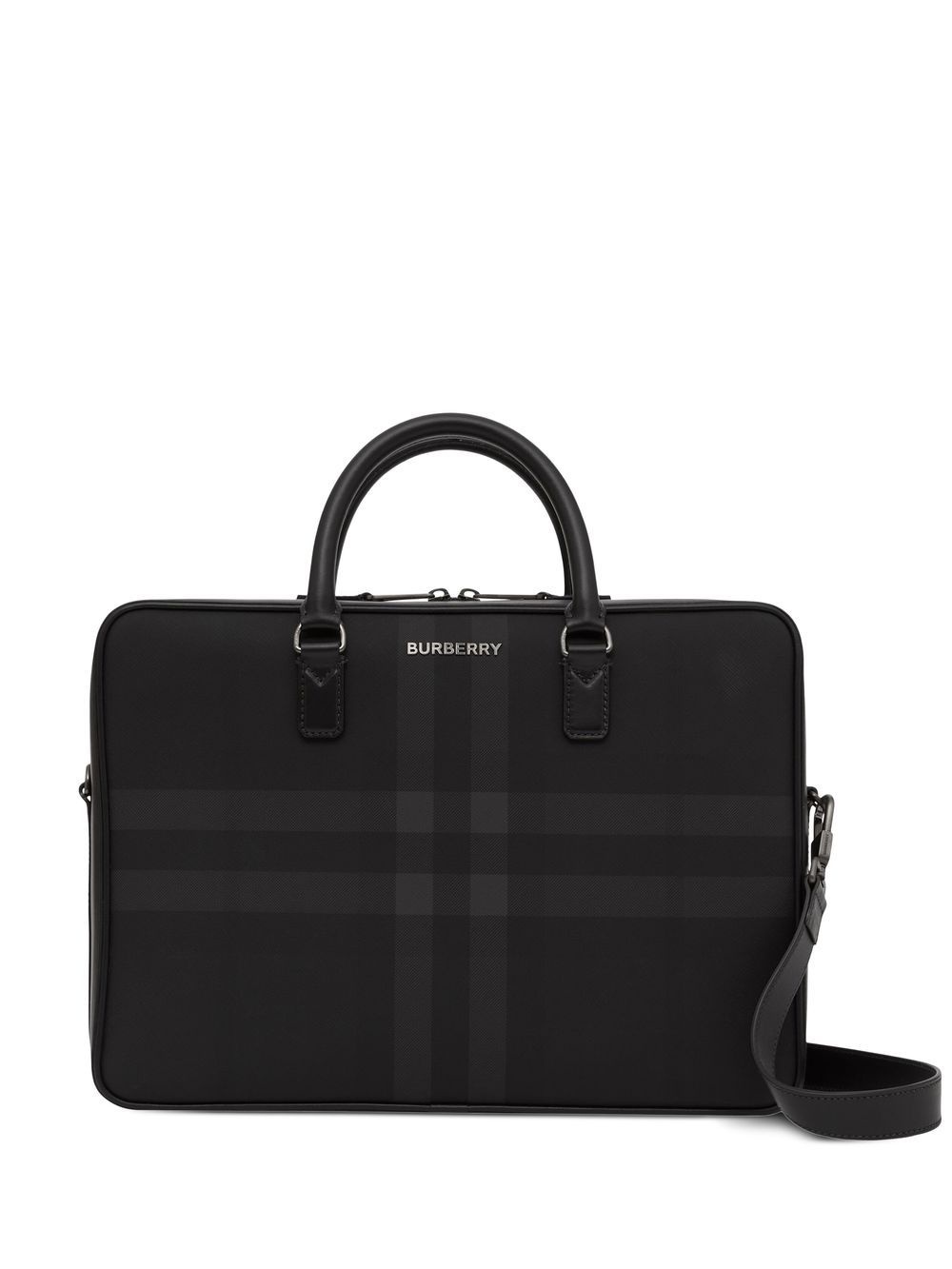 Check-print leather briefcase - 1