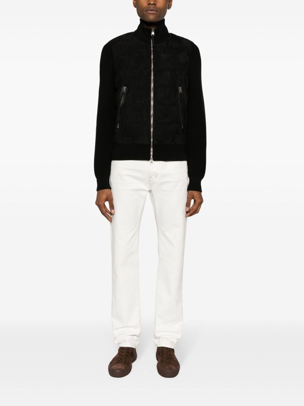 suede-panelled knitted bomber jacket - 2