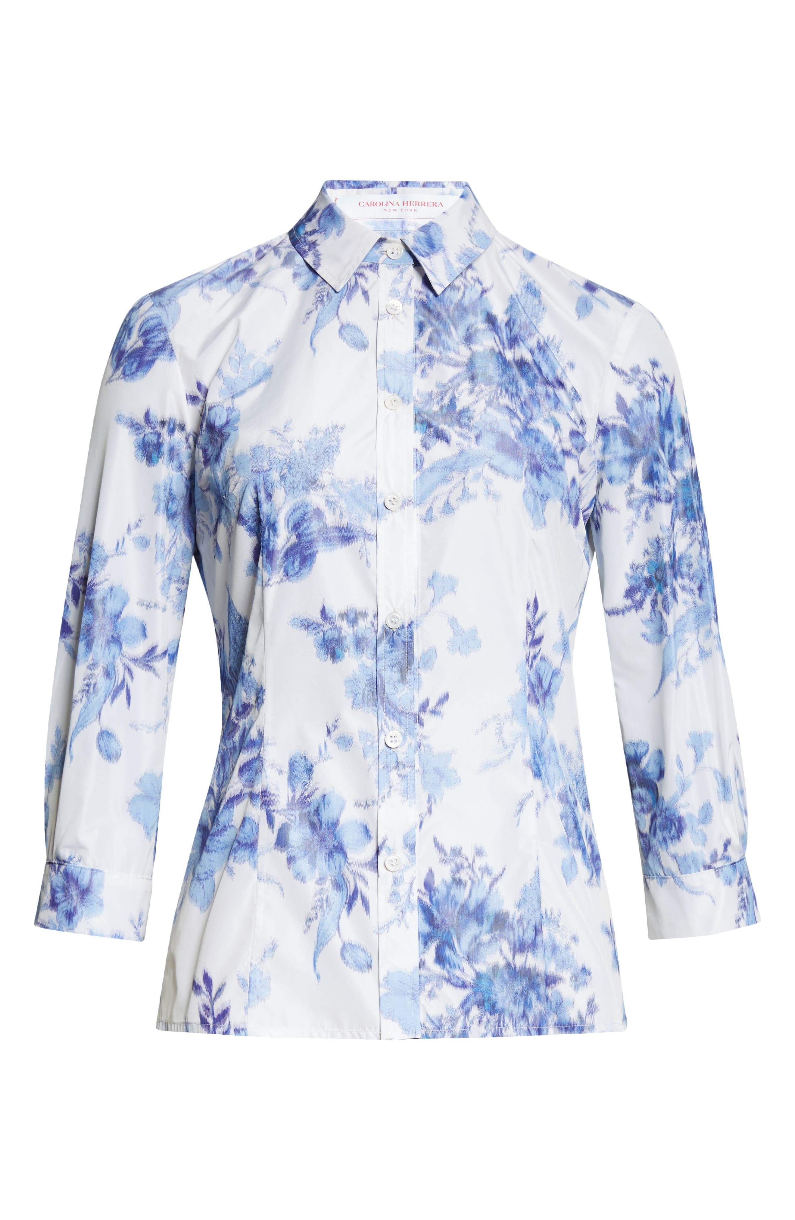 Carolina Herrera Icon Floral Taffeta Button-Up Shirt in Ivory/Blue at Nordstrom - 6
