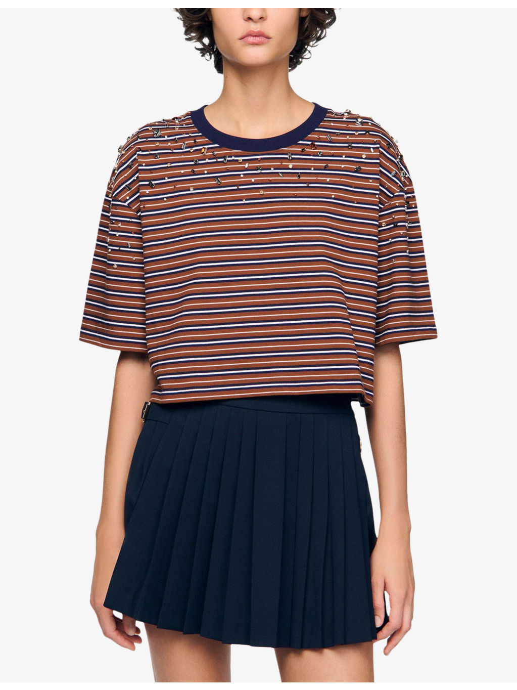Rhinestone-Embellished Striped Boxy Cotton T-Shirt - 3