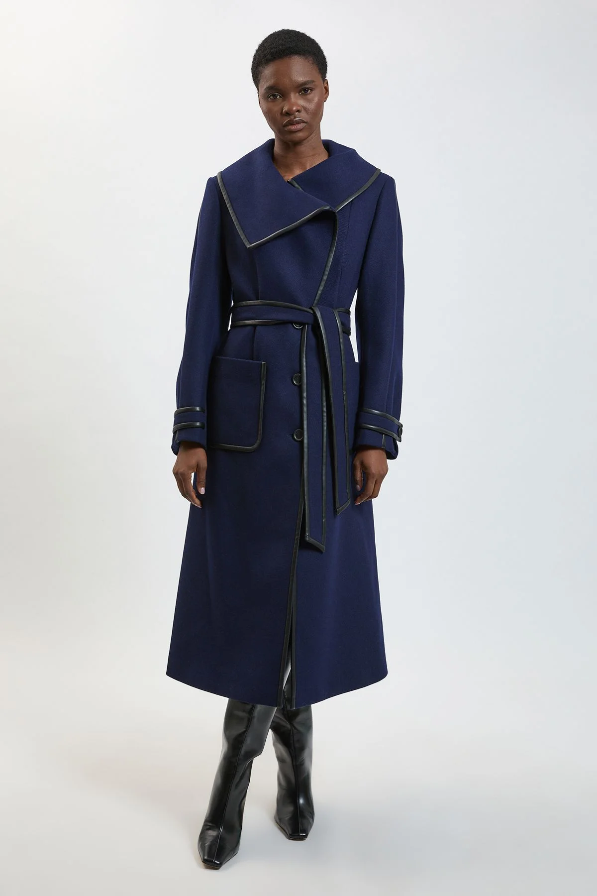 Petite Wool PU Tipped Belted Midi Coat - 1