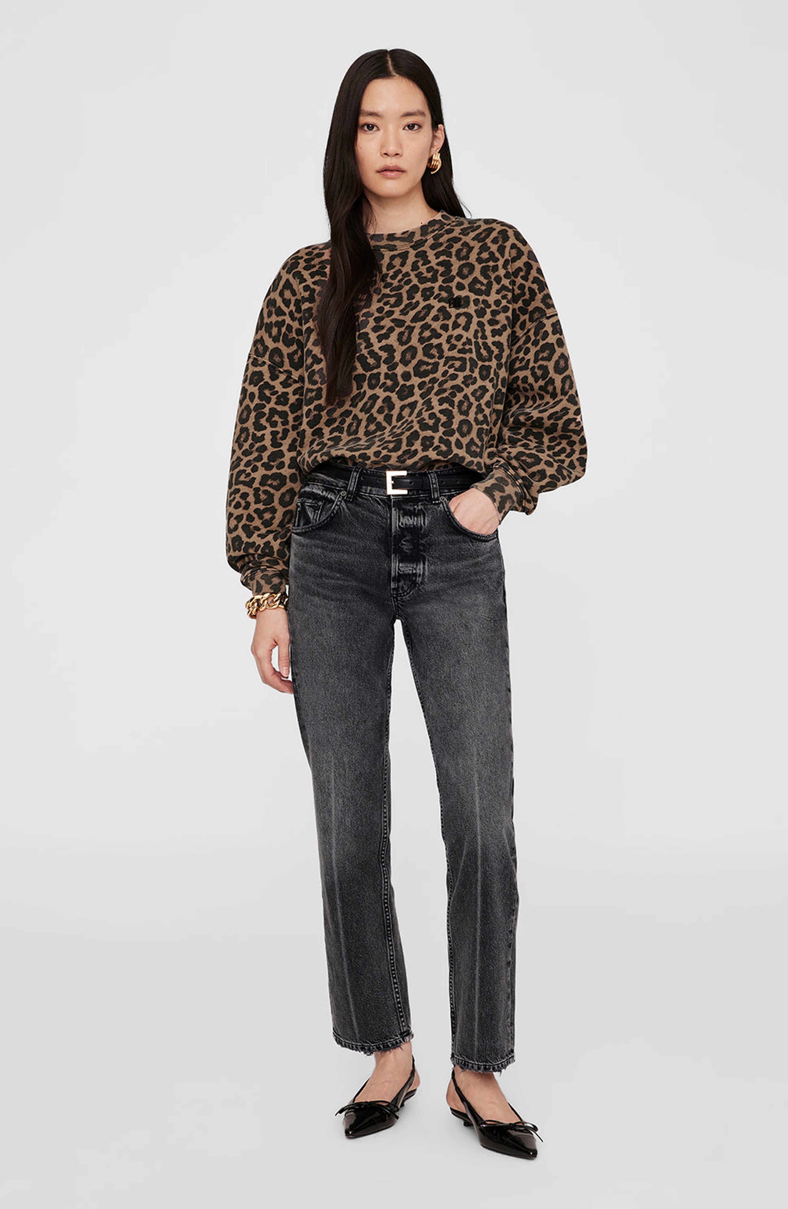 ANINE BING Miles Sweatshirt in Black /Brown Leopard at Nordstrom - 1