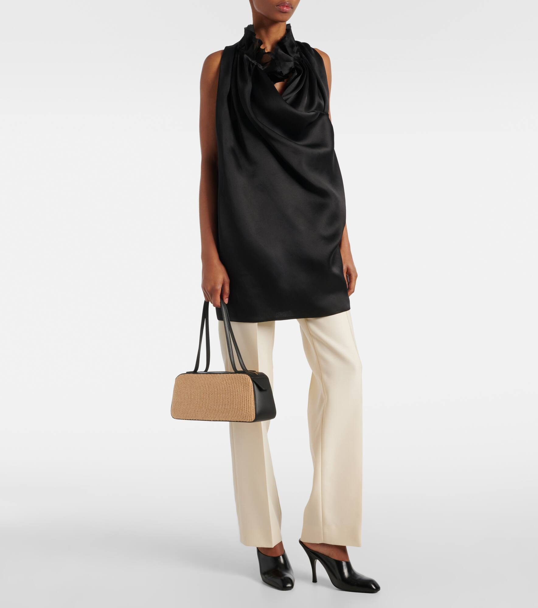 Simona leather-trimmed raffia shoulder bag - 5