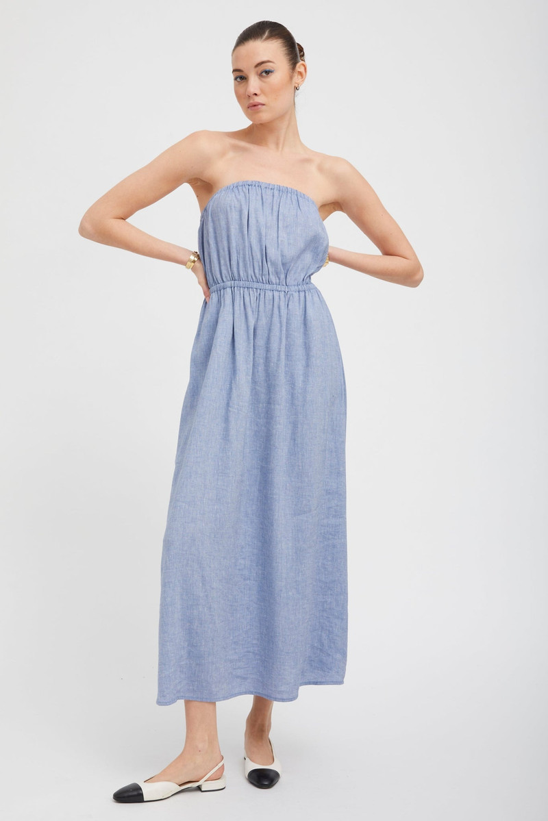 SPRWMN BLUE LINEN MARIE MAXI DRESS outlook